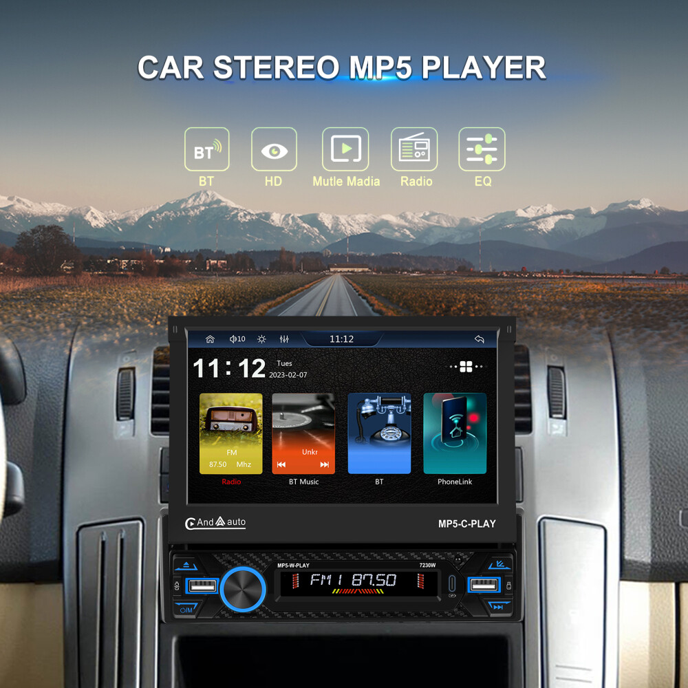7″ Single 1DIN Car Stereo electric CarPlay Touch Screen USB MP5 Player Flip Out