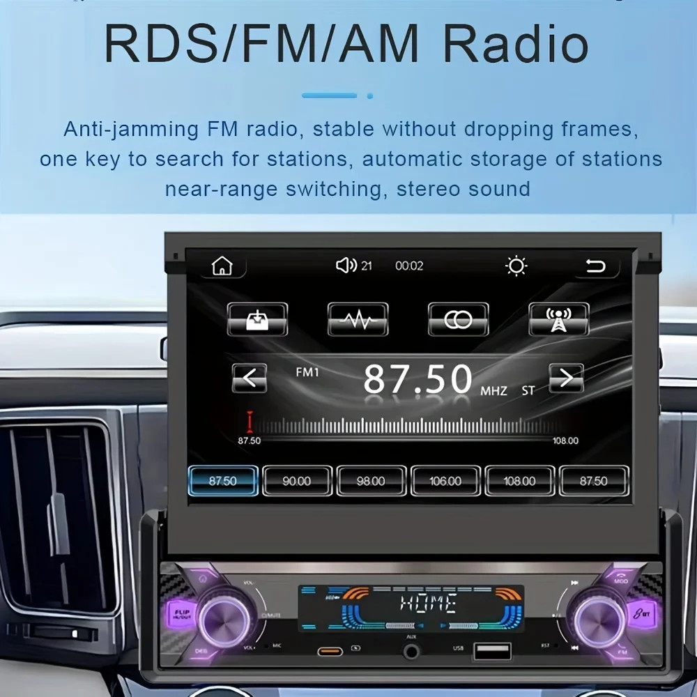 1 Din Car Stereo 7in Touchscreen MP5 Player Wired Carplayer Android Auto, BT