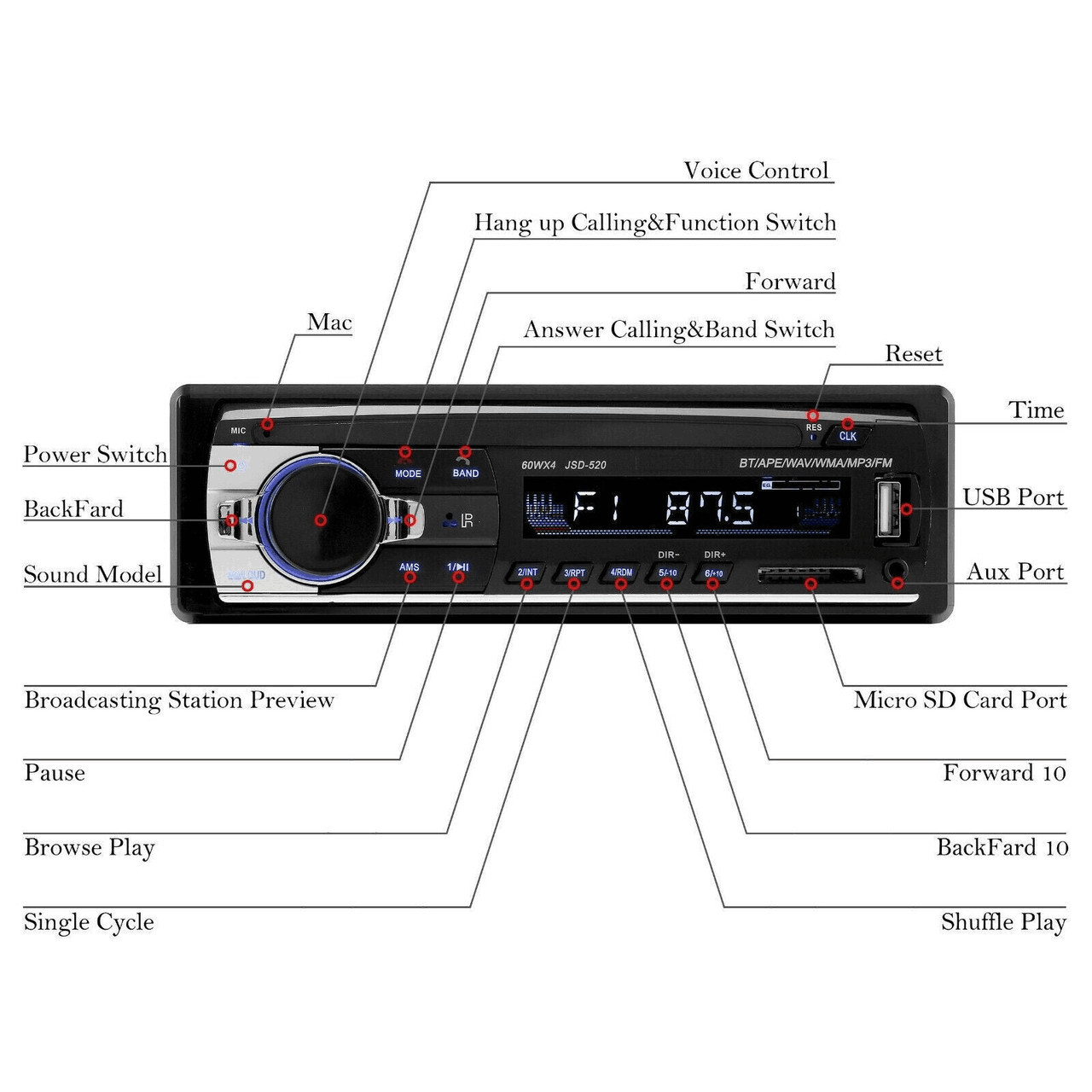 Car Stereo Audio In-Dash Bluetooth Call FM Aux Input Receiver SD USB MP3 Player