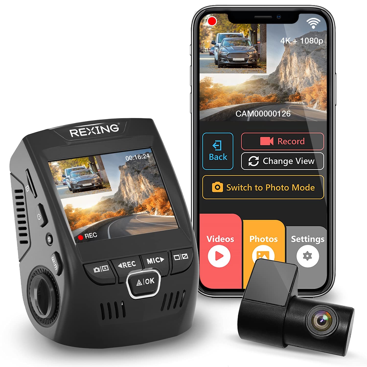 Rexing V1P 4K Dual Dash Cam Front+Rear 2160p+1080p Wi-Fi G-Sensor Loop Record