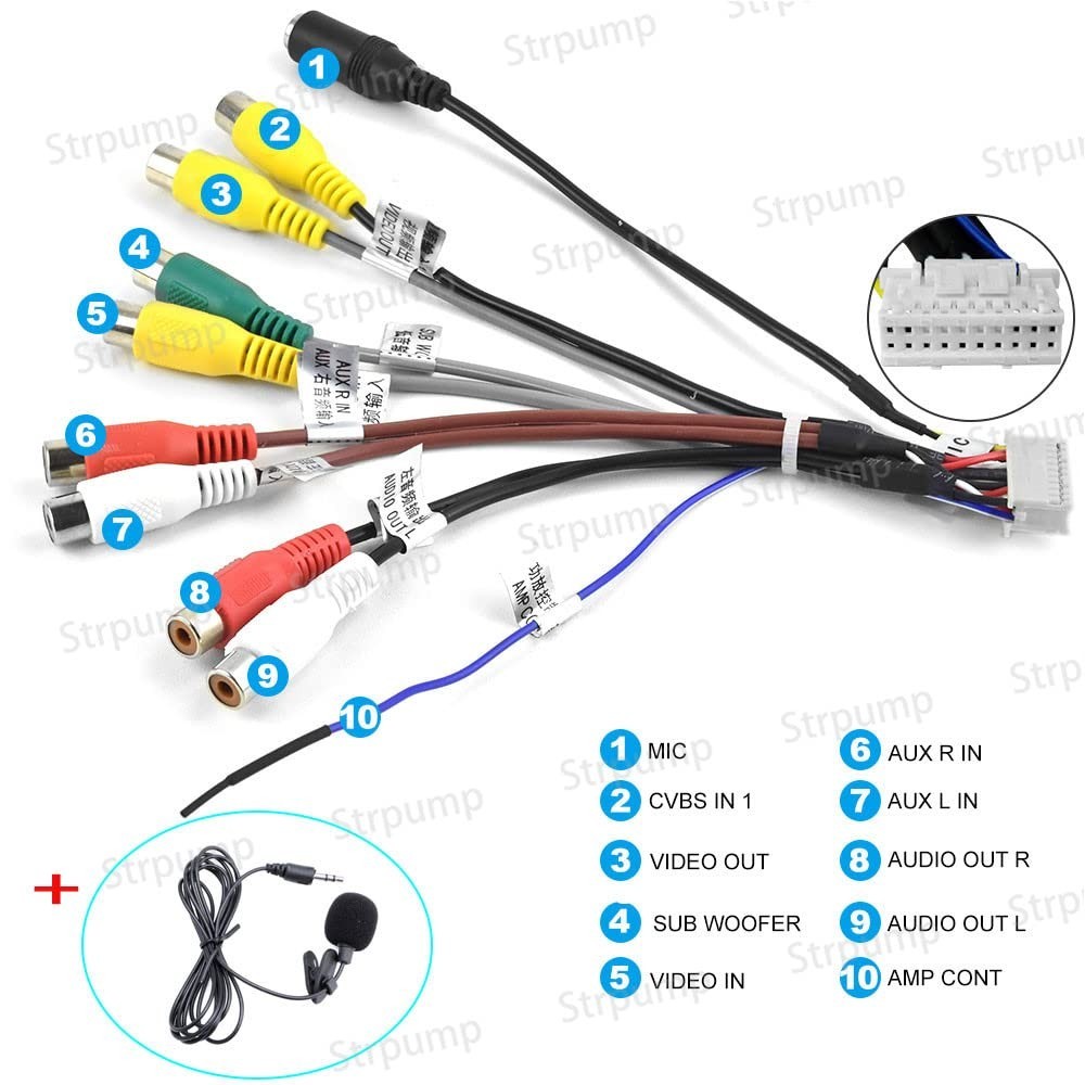 20PIN RCA Audio Video Cables for Car Radio Stereo, Subwoofer Output & Mic Input
