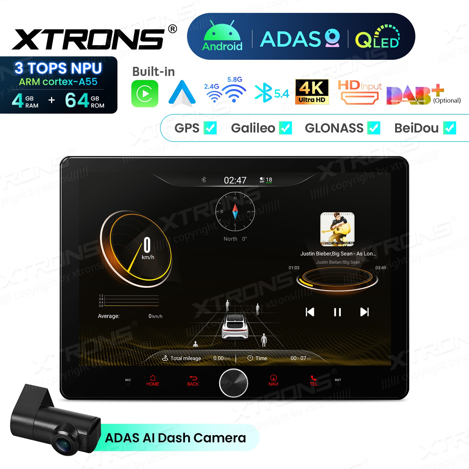 10.1″ QLED 2 DIN AI NPU Android 14 Car Radio Stereo 4+64G CarPlay ADAS Dash CAM