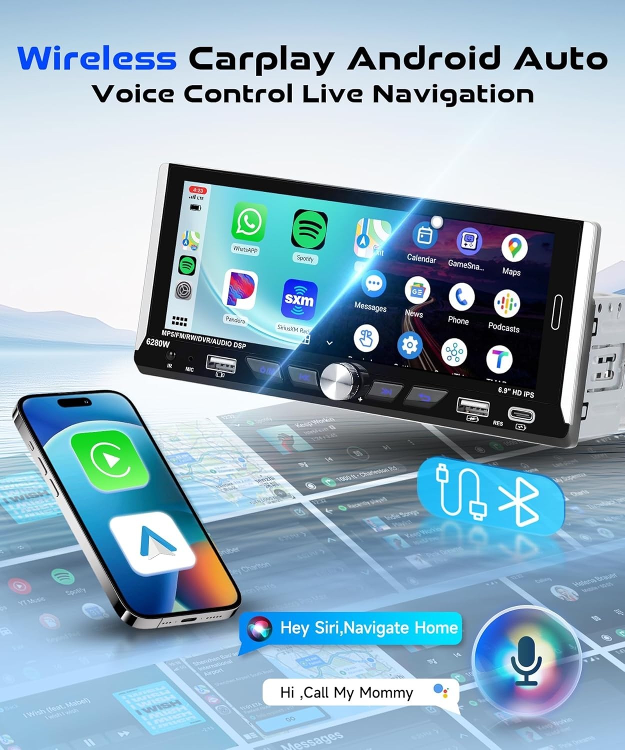 6.9-inch Single Din Car Stereo Wireless Carplay,1280X480P IPS Touch Screen Ca…