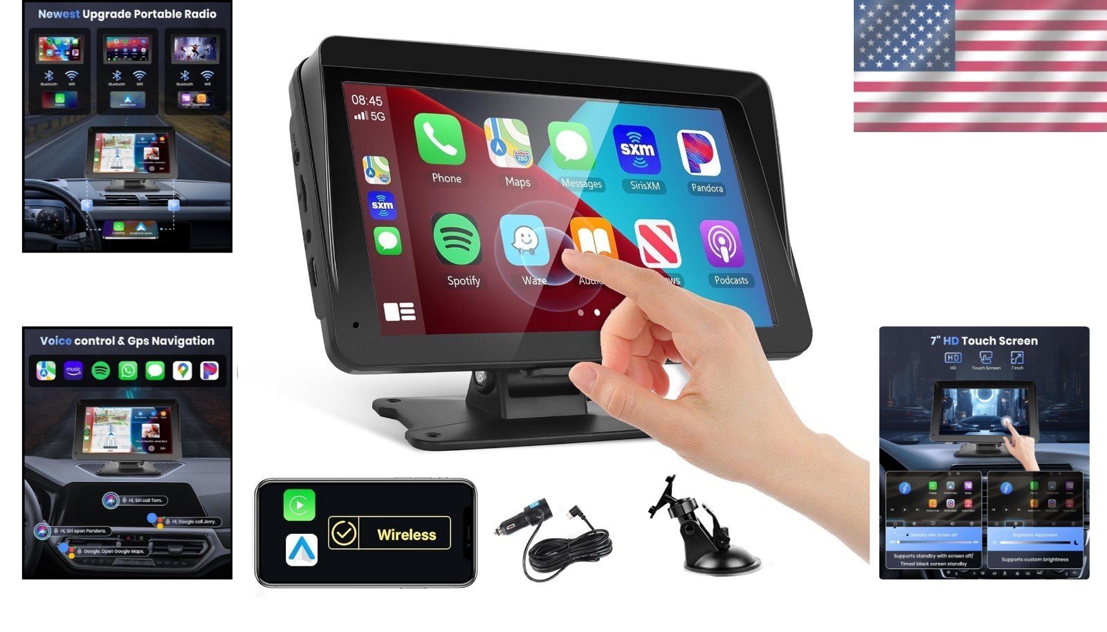 Portable Car Radio 7″ Wireless CarPlay Android Auto Touchscreen Bluetooth