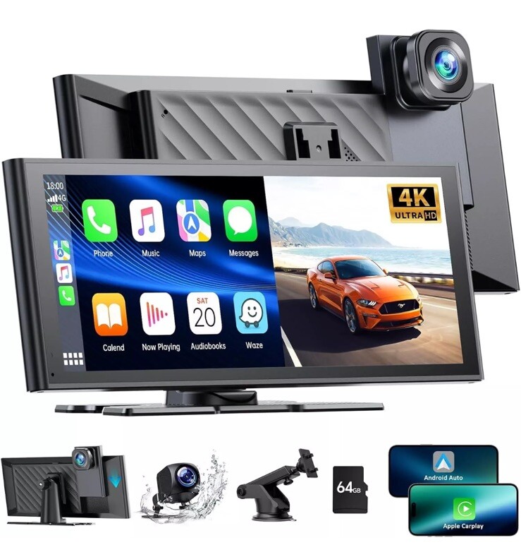 4K Dash Cam 10.26″Car Stereo Radio Wireless Apple Carplay &Android Auto+Rear Cam