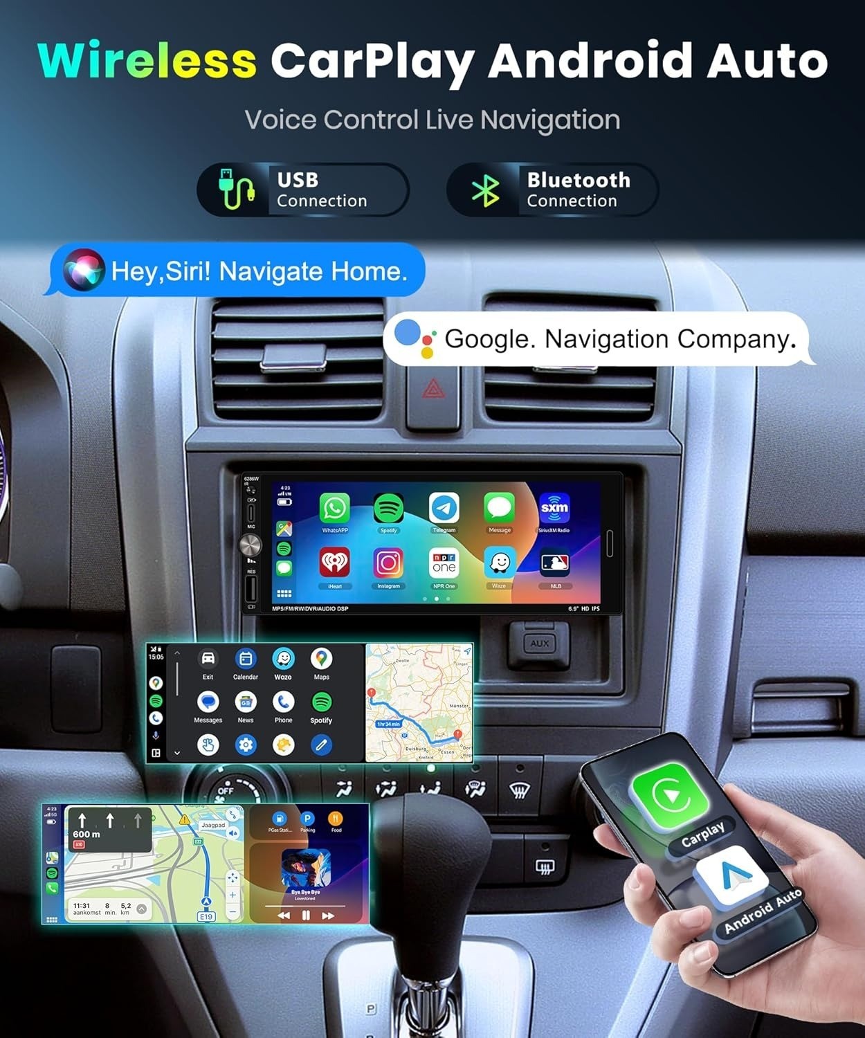 Single Din Car Stereo Wireless Apple CarPlay 6.9 touchscreen Bluetooth Radio USB