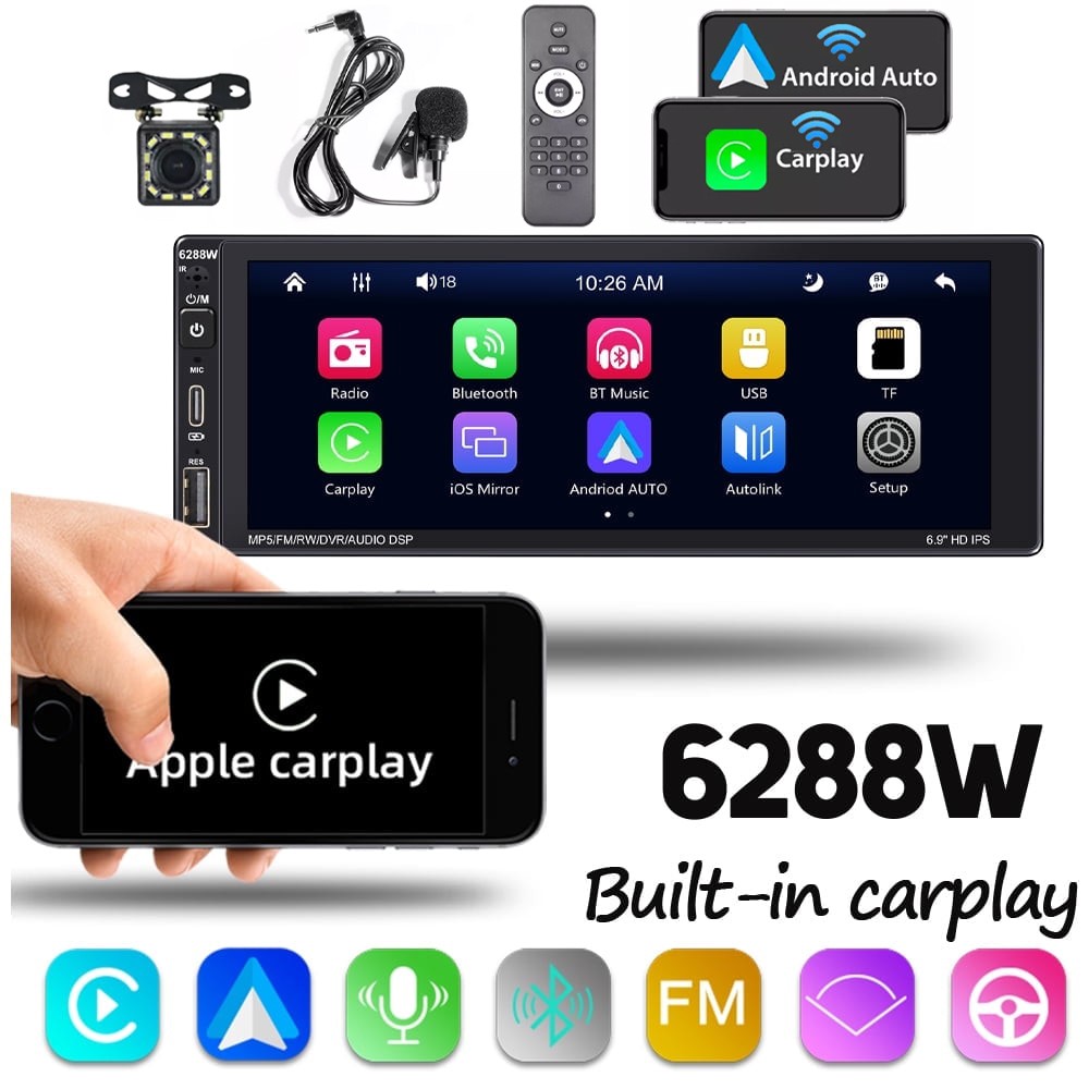 Single Din 6.9 Touch Screen Stereo Bluetooth Radio Car Apple/Android Carplay GPS