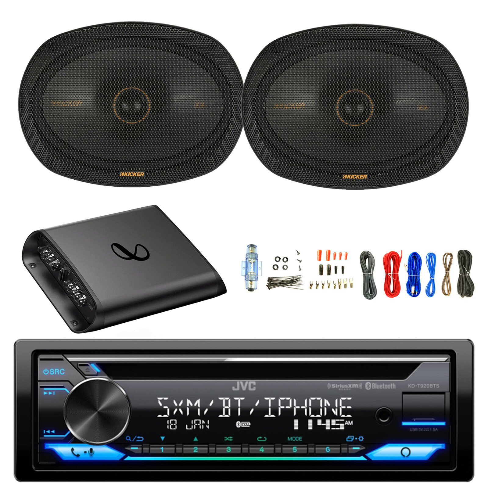 JVC Single DIN Bluetooth AM/FM CD Receiver, Amp w/Kit, 2x 6×9″ 300W Speakers