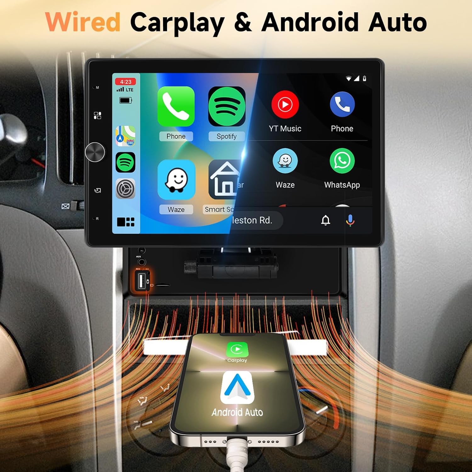 10.4” 1 Din Car Stereo Apple CarPlay Android Auto Rotatable Radio BT USB Cam