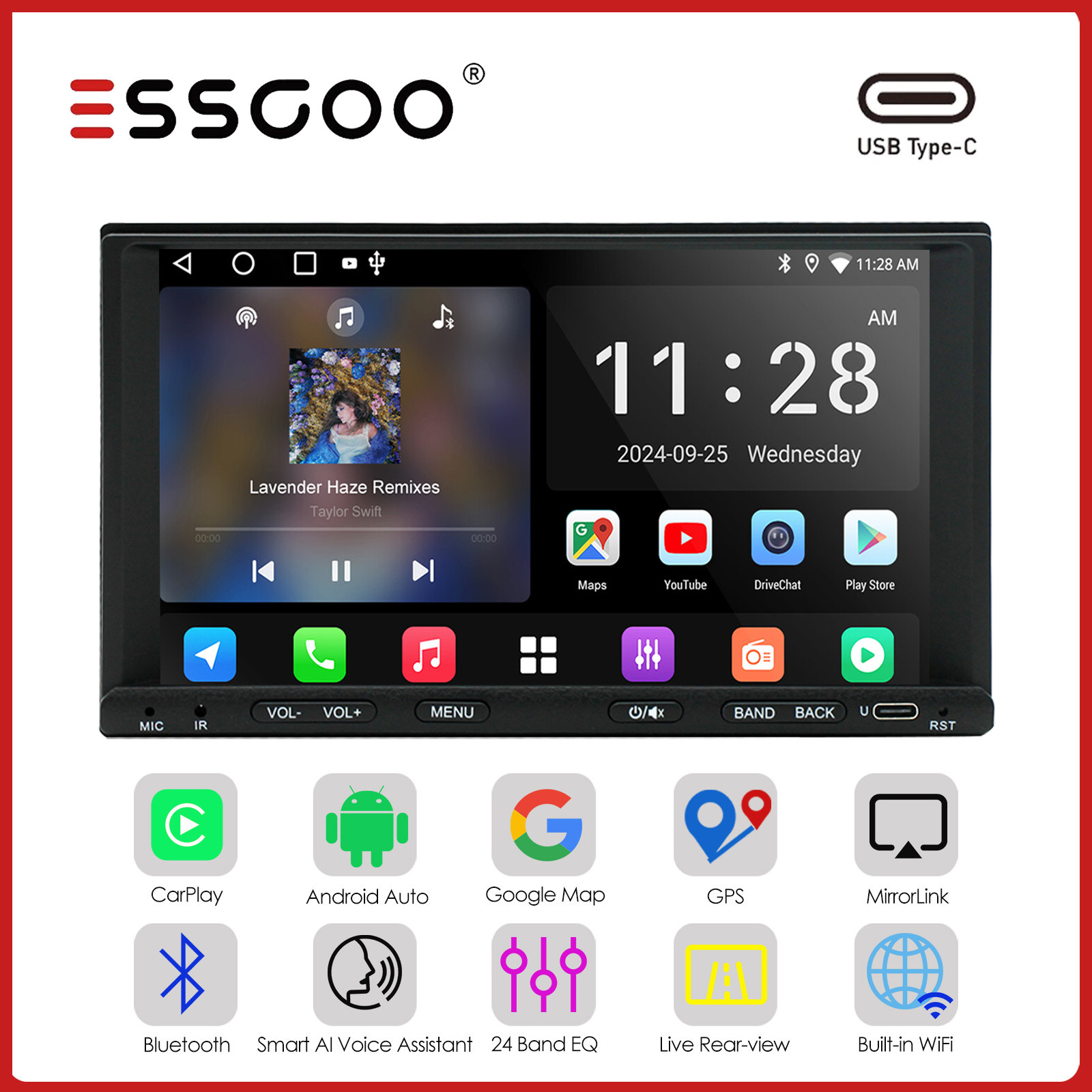 7 Inch 4+64GB Double 2 Din Car Stereo Carplay Android 15 Radio GPS Sat Navi WIFI