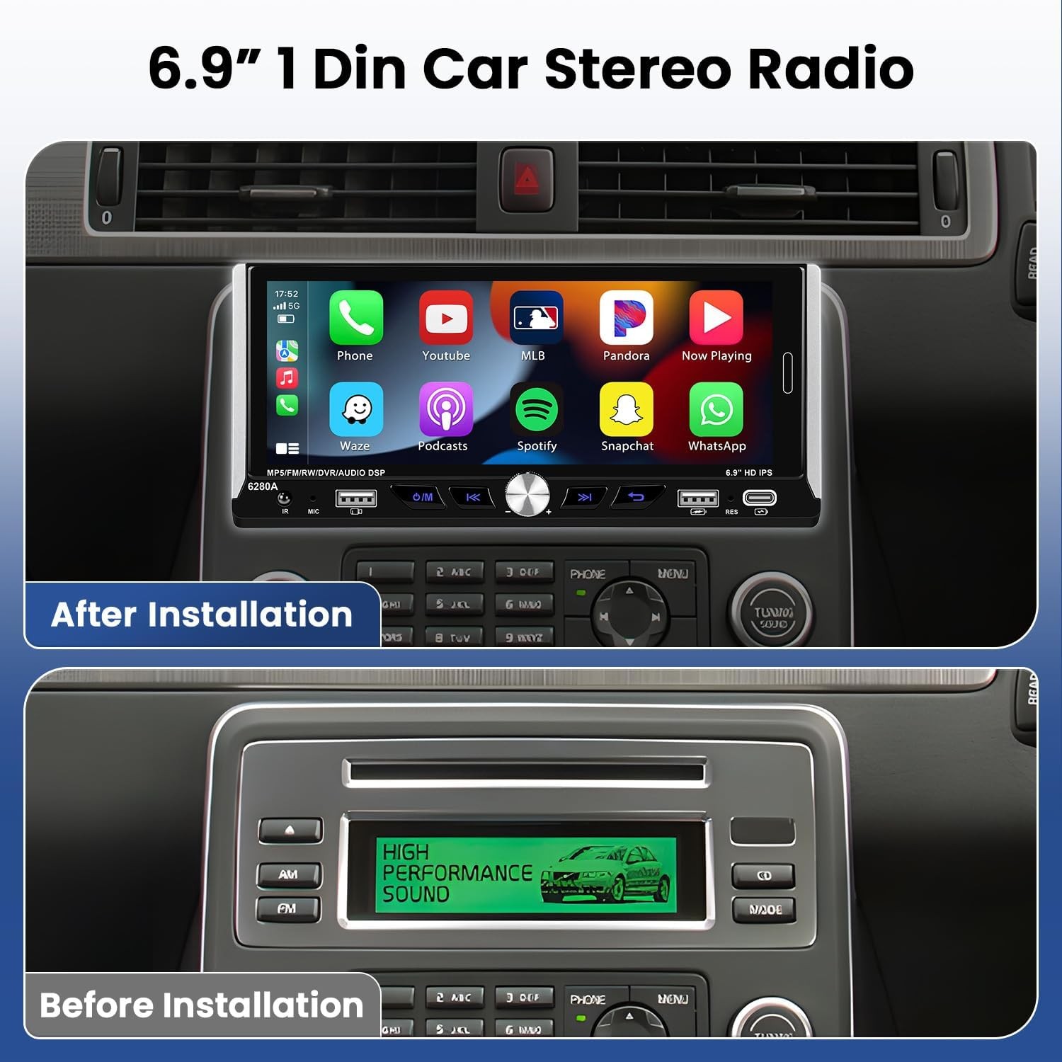 2+64GB Single 1DIN Car Radio GPS NAVI Carplay 6.9 Inch Stereo Player Android 15
