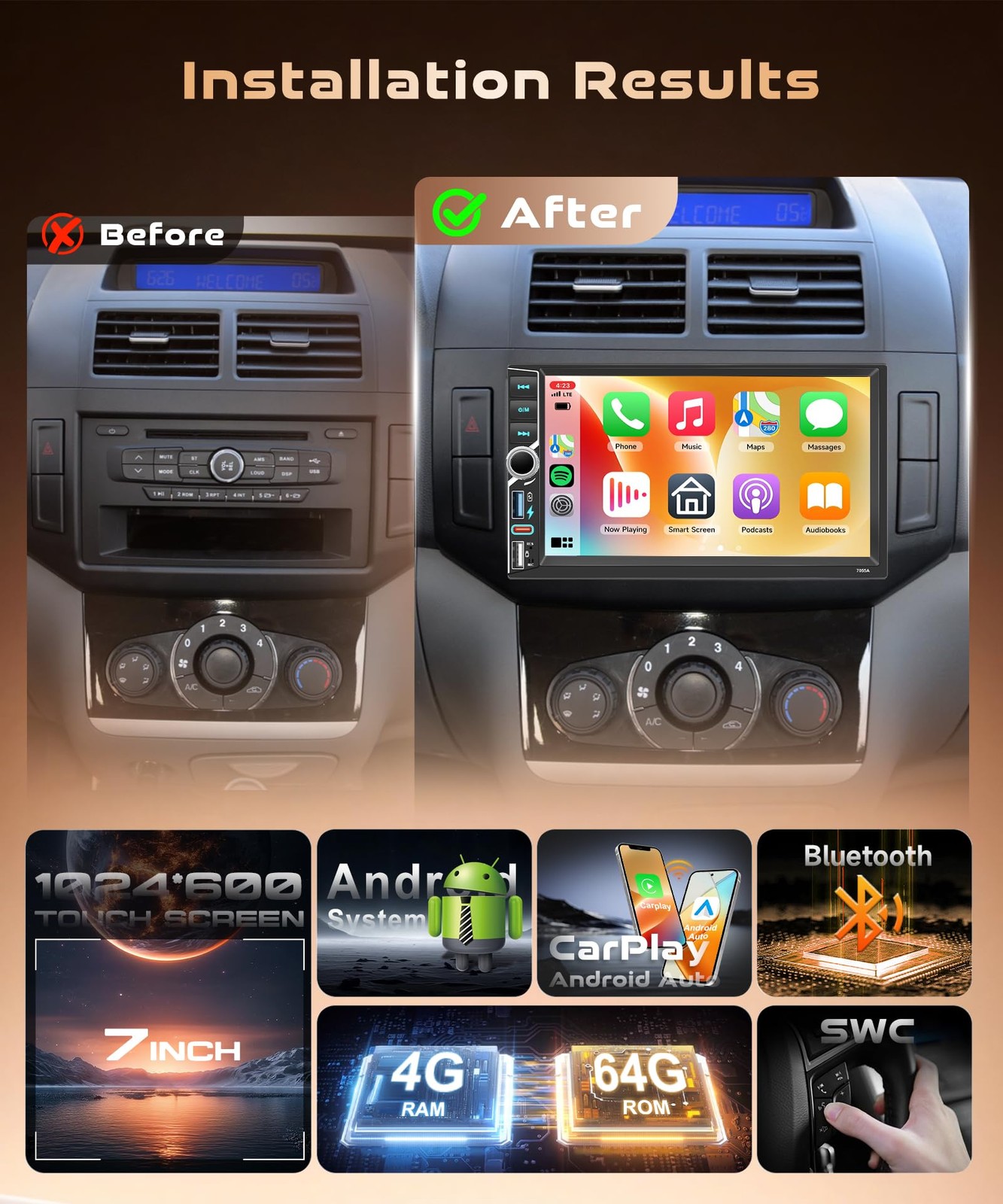 Android 4G+64G Double Din Car Stereo with Wireless Carplay Android Auto, 7 in…