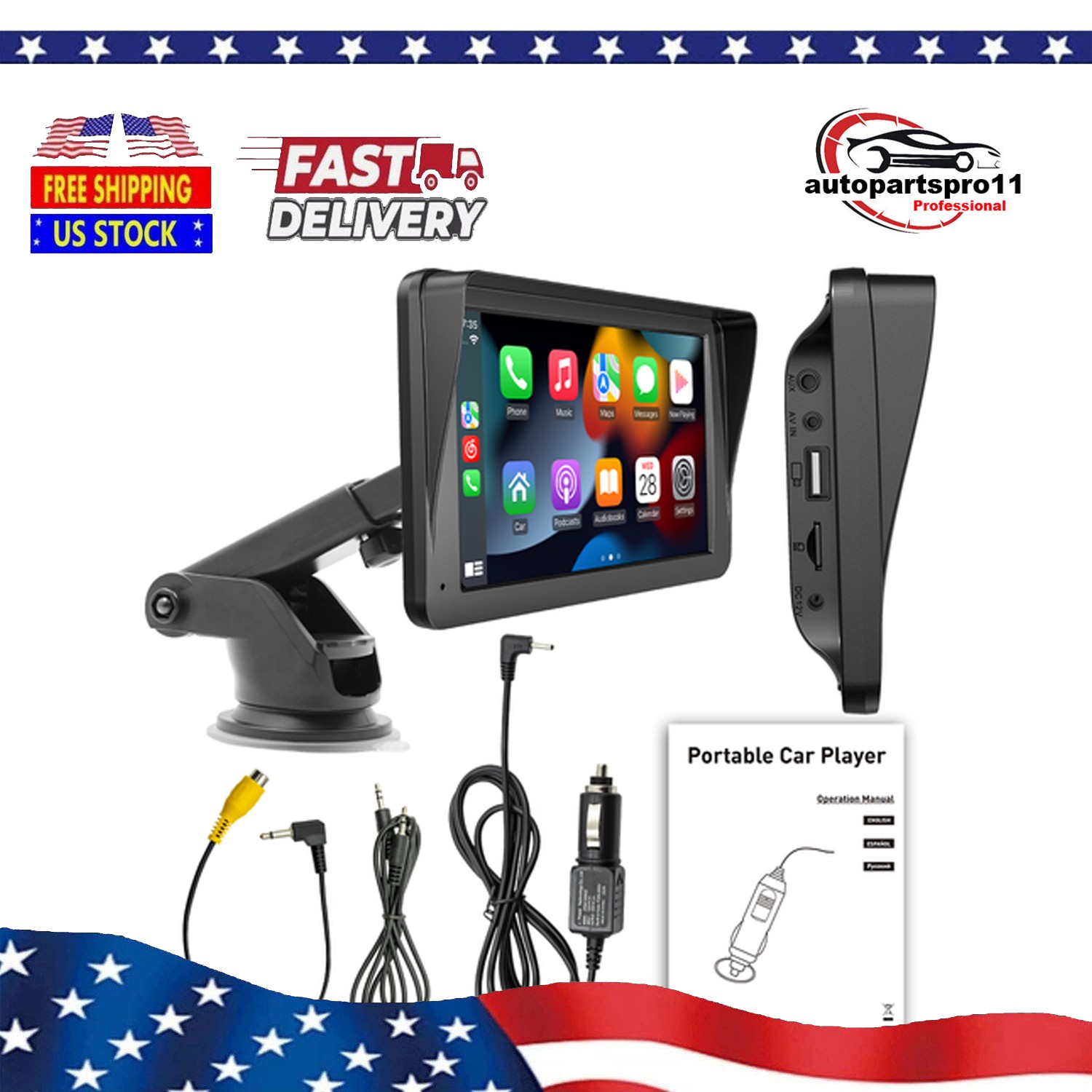 7 INCH PORTABLE WIFI WIRELESS CARPLAY & ANDROID AUTO CAR RADIO MP5 PLAYER 2 DIN