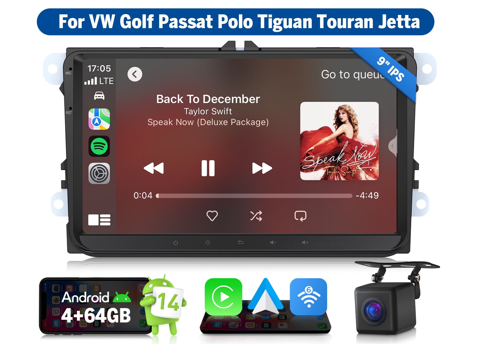 For VW Golf Jetta Passat Tiguan 9″ Android 14 Car Radio Wireless CarPlay CANBUS