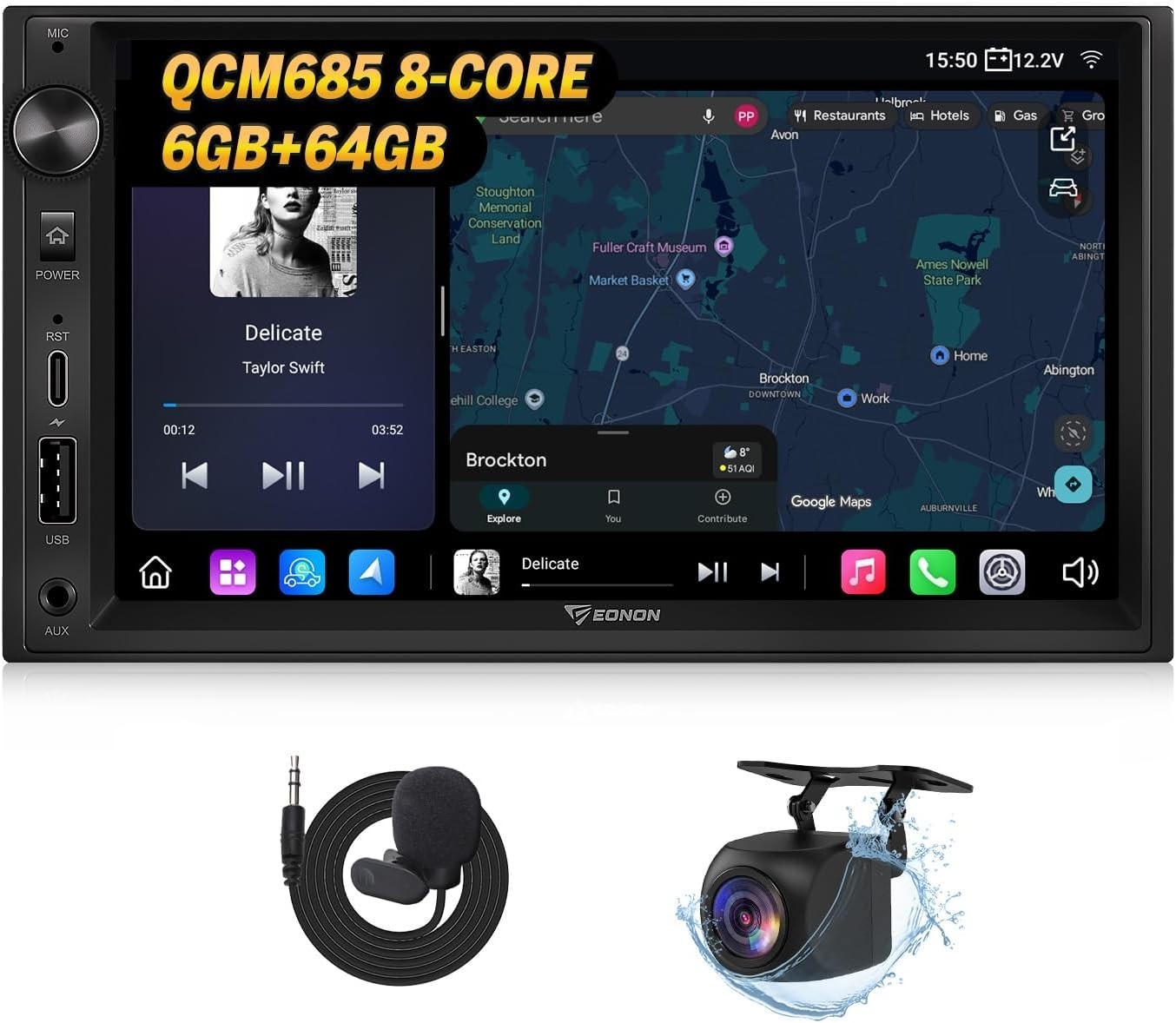 EONON 7″ 8Core 6+64GB Android Auto Carplay 2-Din Stereo; Free Backup Camera
