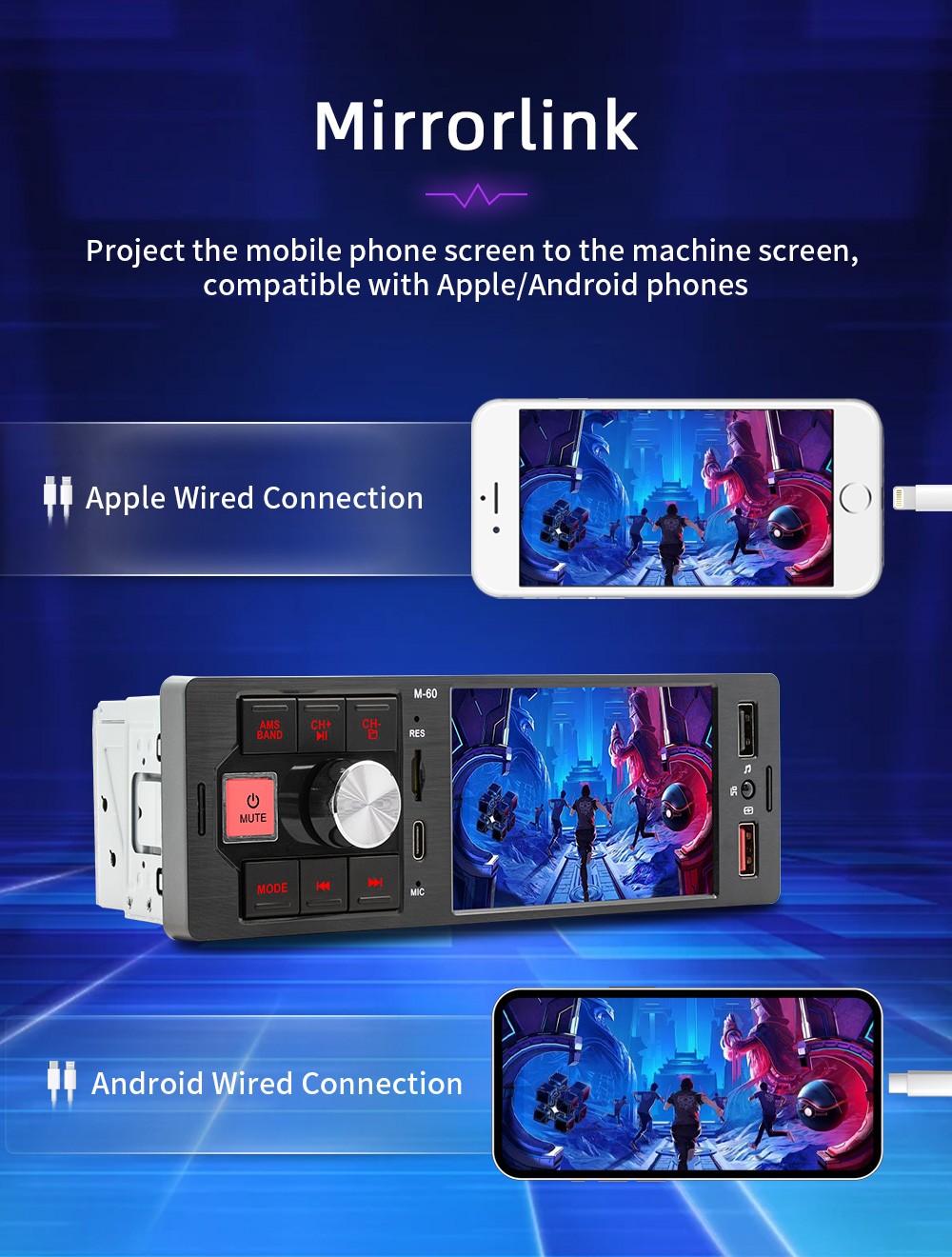 4.1in 1DIN Carplay Car Stereo Radio MP5 FM60 Type-C Bluetooth Mirror Link