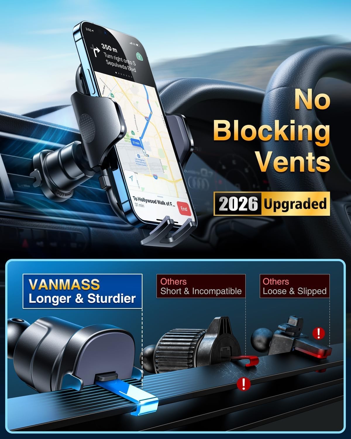 Car Phone Holder Military Grade Suction and Clip Adjustable Mount for Dashboard