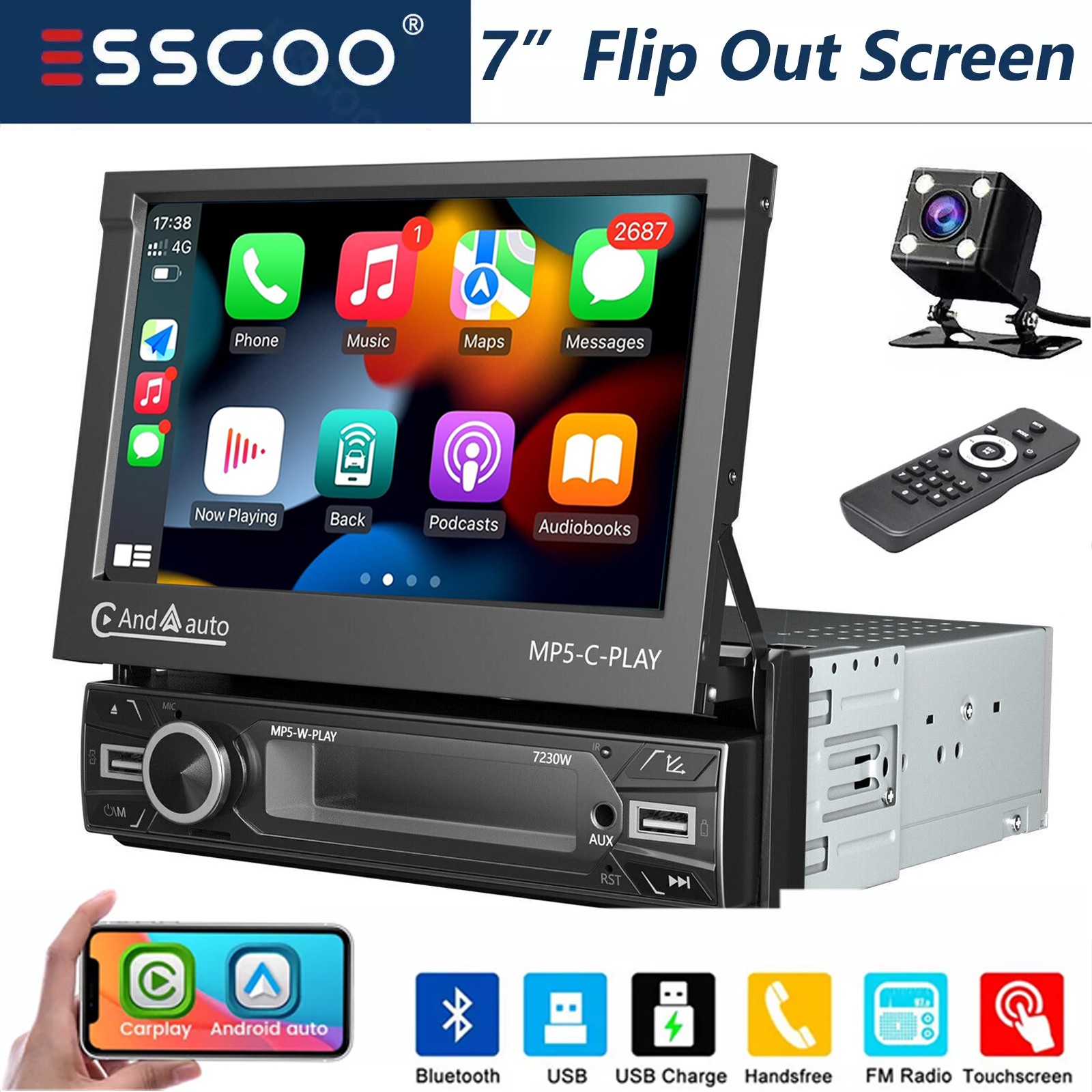 7″ Single DIN Car Stereo Head Unit Flip Out Apple Carplay Android Auto with Cam