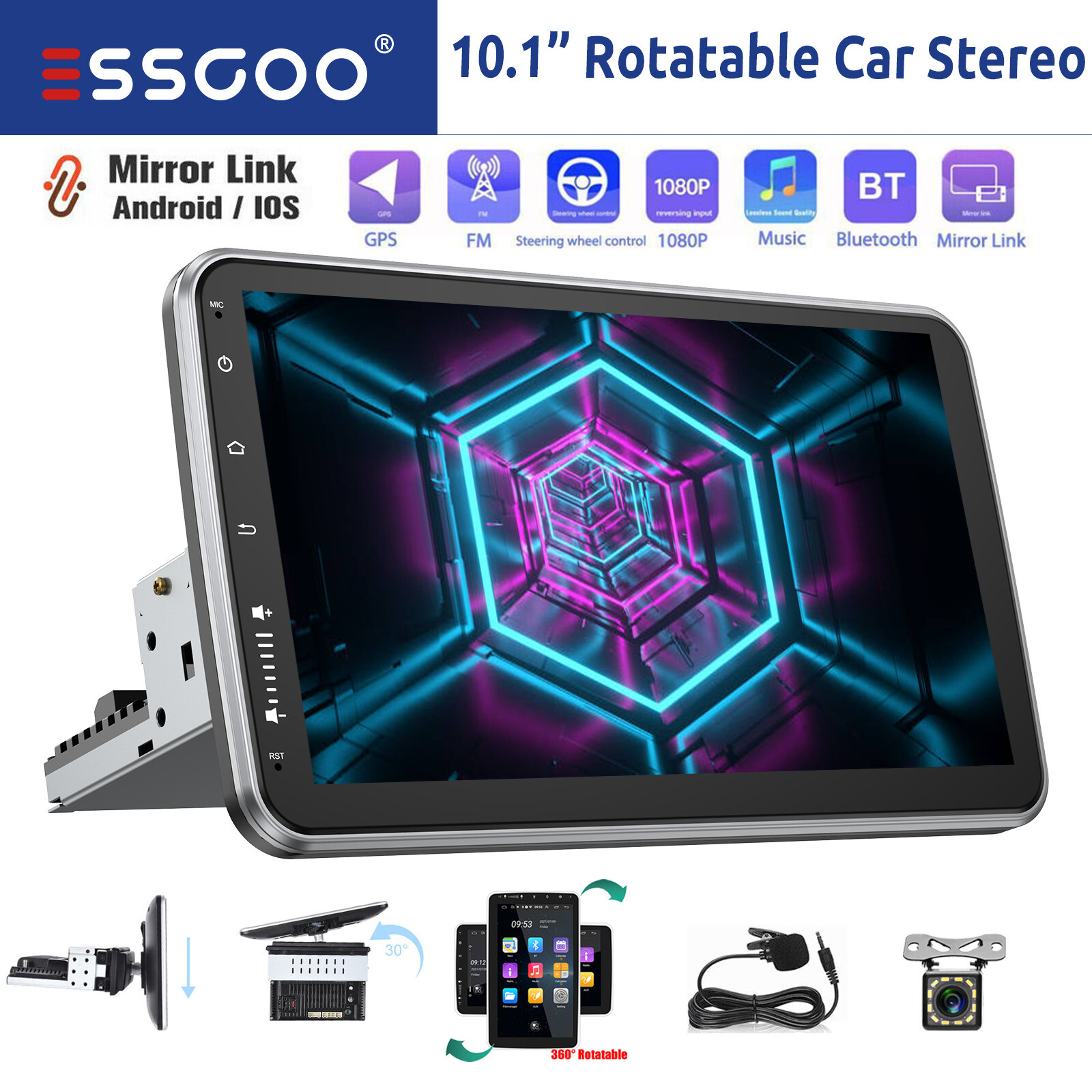 Single 1 DIN 10″ Rotatable Touch Screen Android 12 Car Stereo Radio GPS +Camera