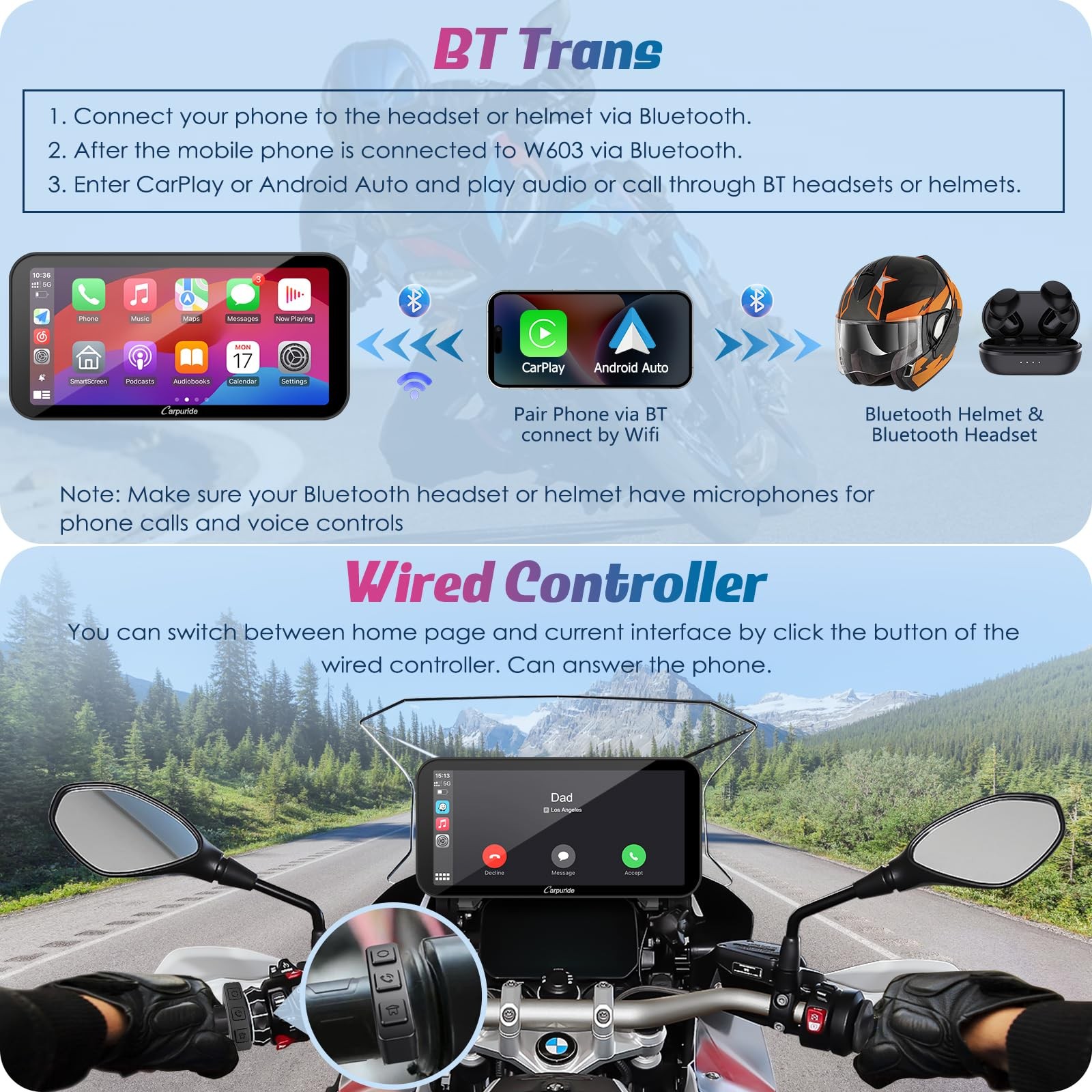 Carpuride W603B Motorcycle Carplay Screen for BMW R1200GS R1250GS S1000XR Mot…