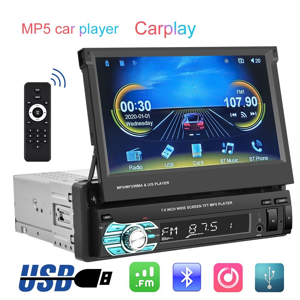 7” 1Din Retractable Screen Car MP5 Video Player with Wired CarPlay Android Auto