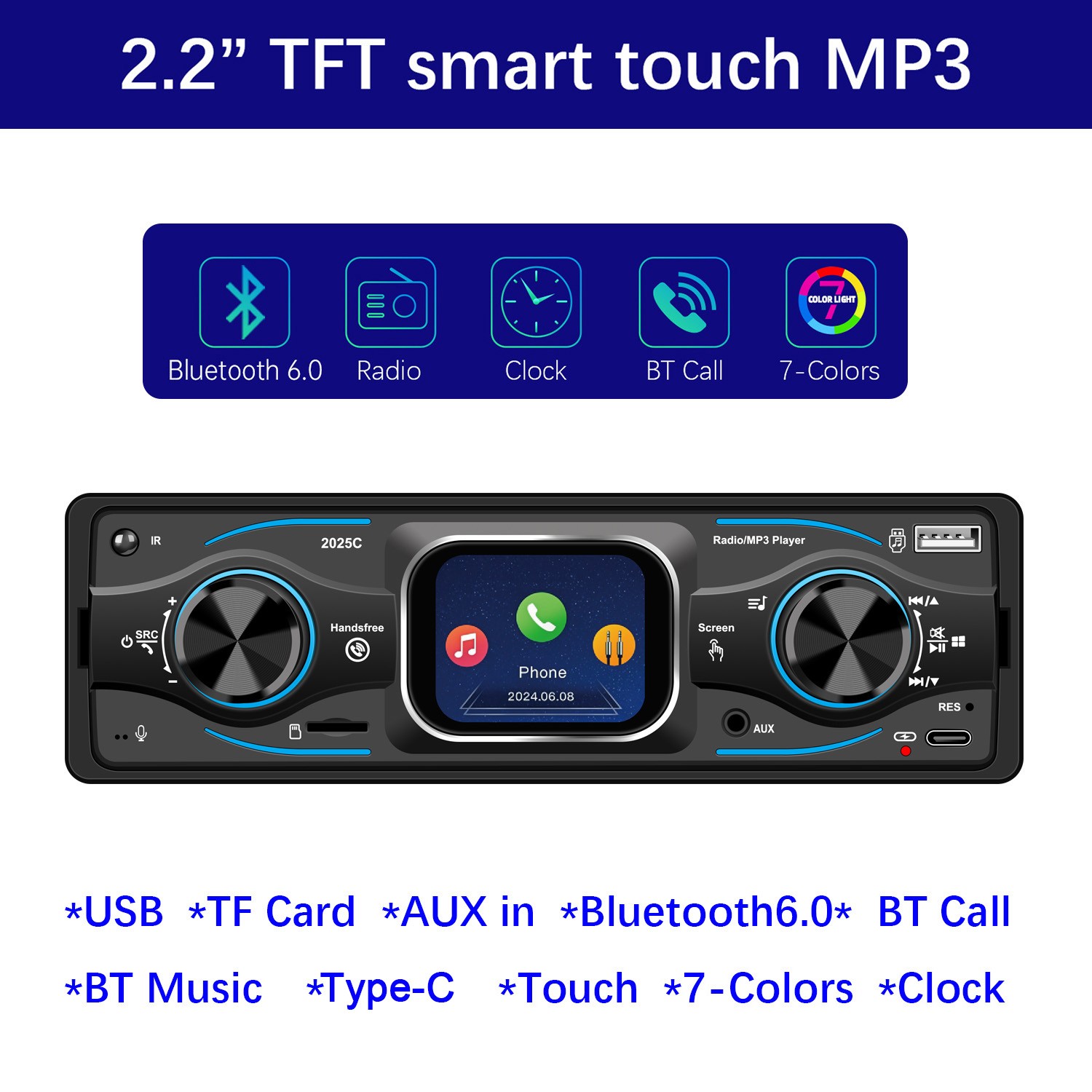 Car Bluetooth MP3 Stereo Radio Single Din Smart Touch FM/USB Head Unit 7-Color
