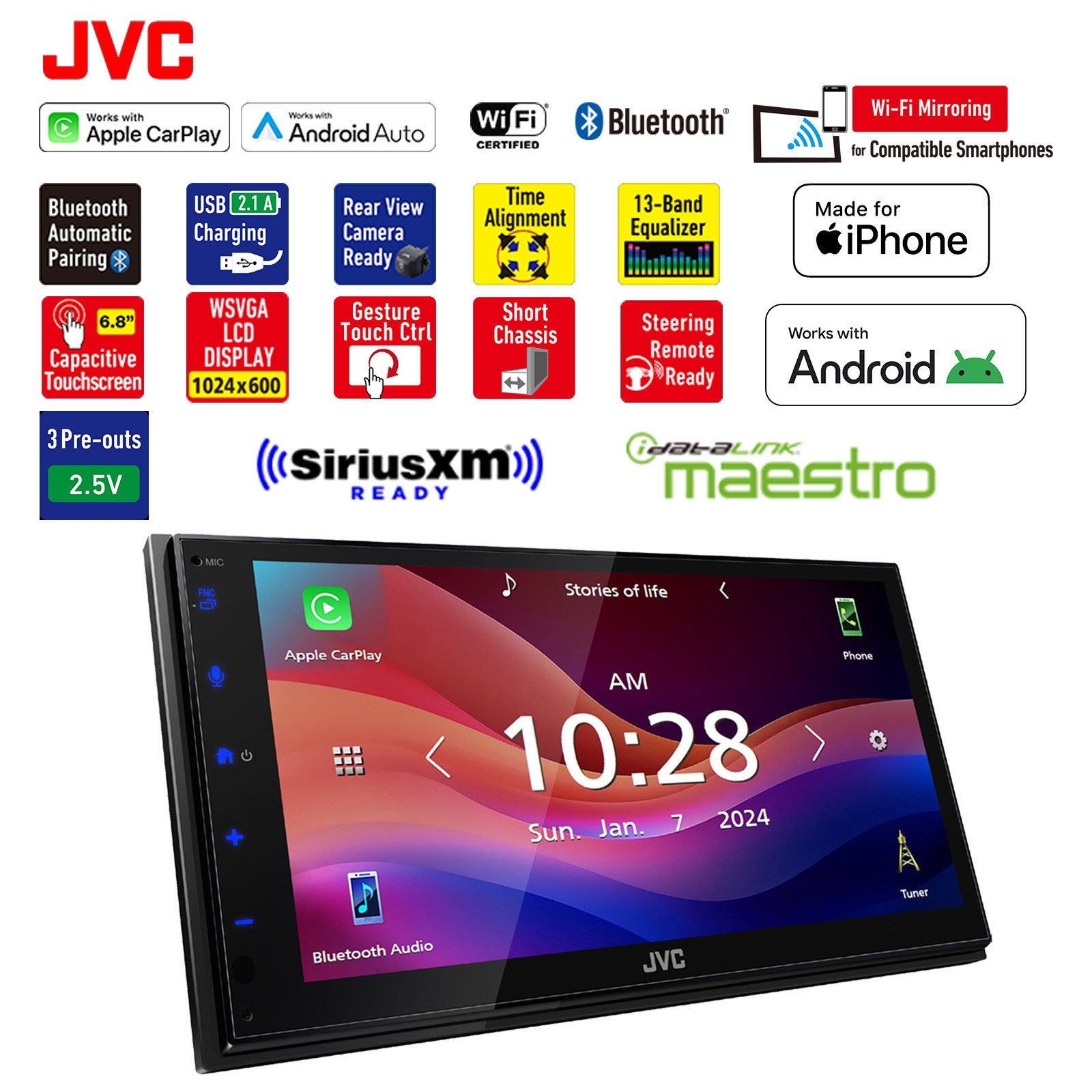 JVC KW-M695BW 6.8″ WiFi Bluetooth Stereo Receiver, 4x 6.5″ 300W Speakers, Wire