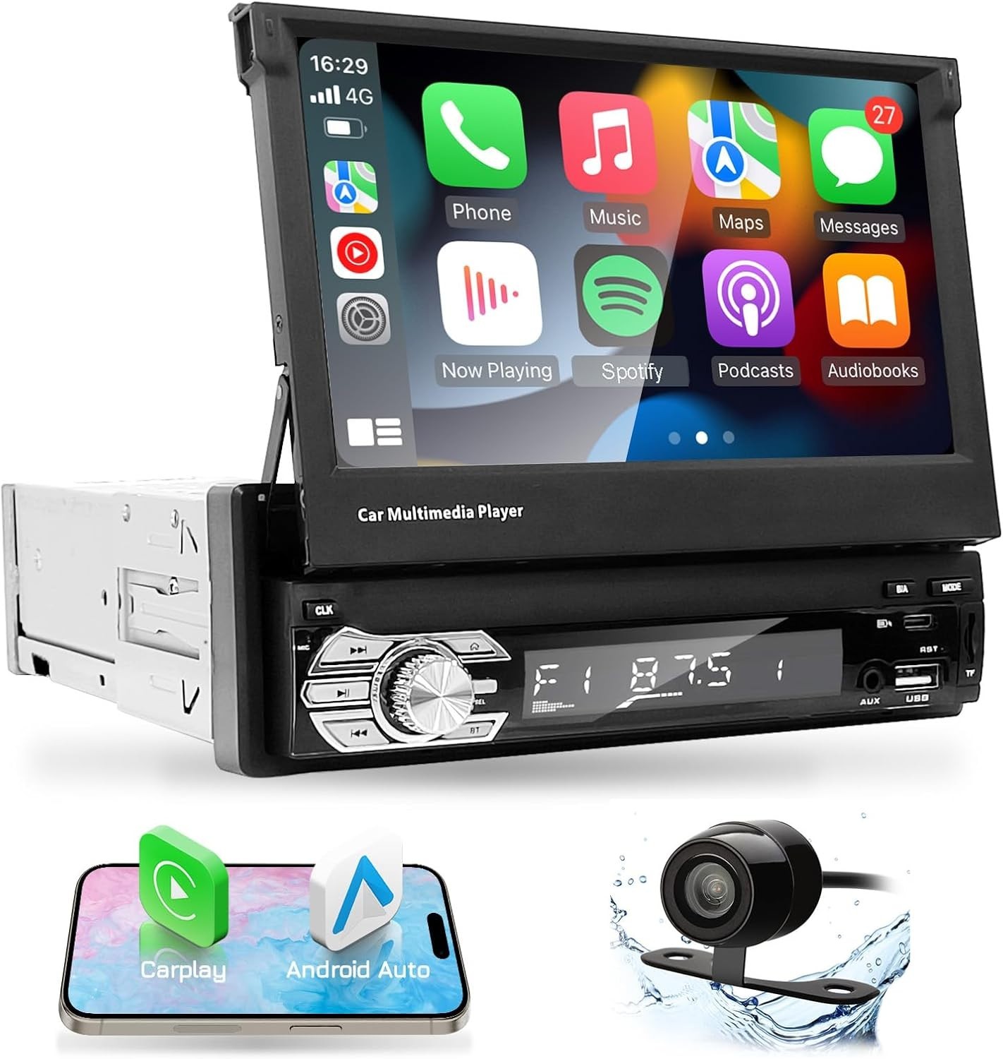 Type-C&USB Single-Din-Carplay& Android-Auto-Car-Radio 7-inch Flip Out Touchsc…
