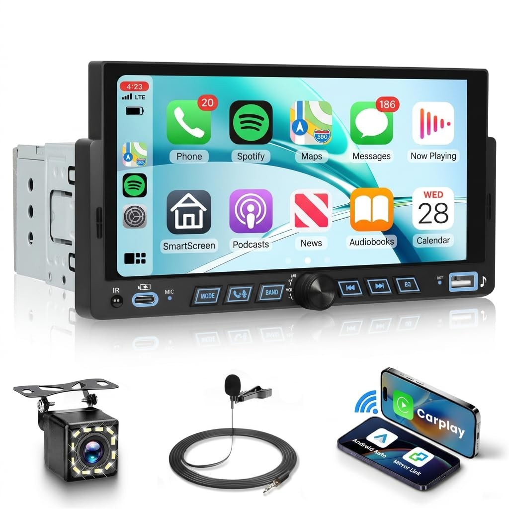 Single Din Car Stereo with Carplay & Android Auto, 6.86″ Touchscreen, Bluetooth