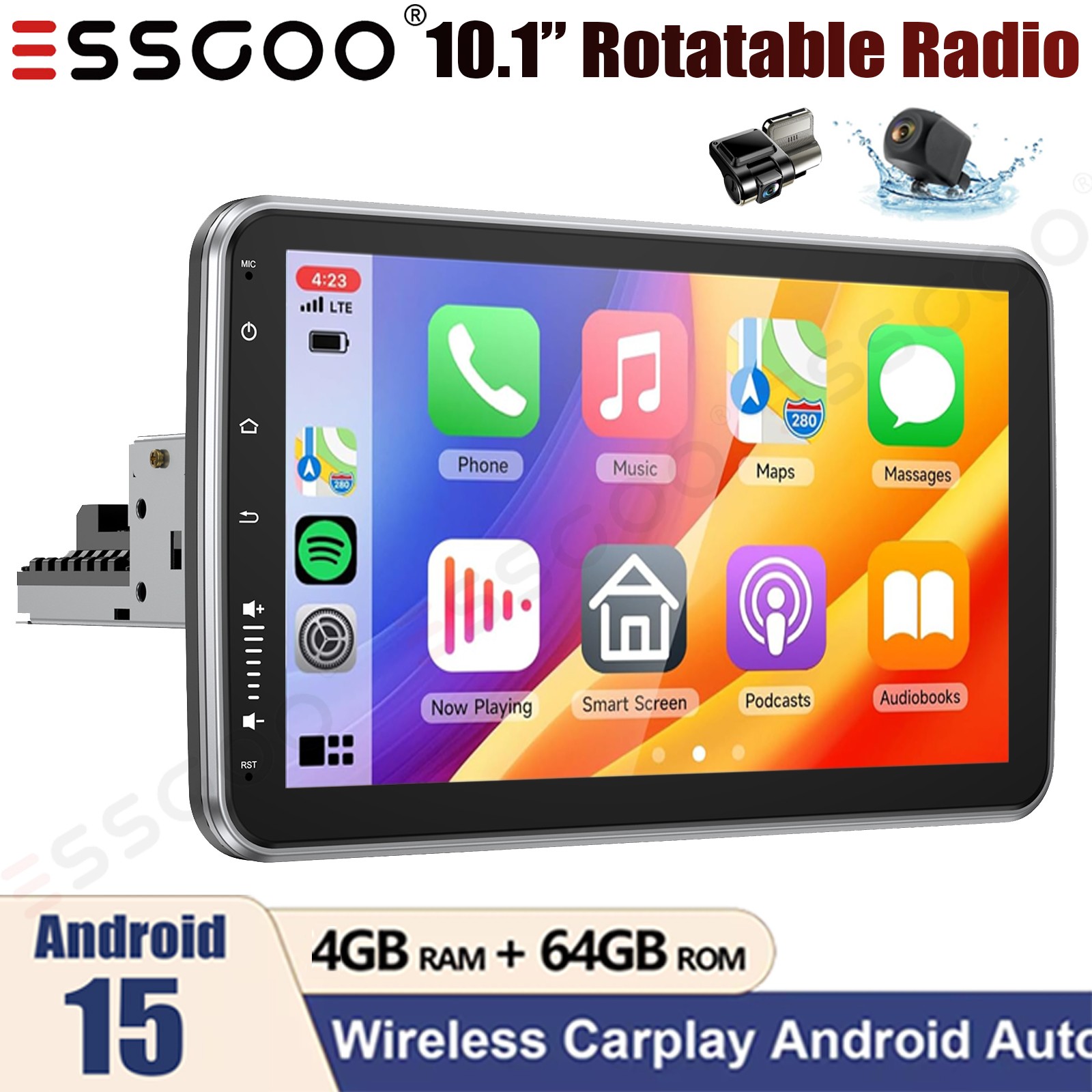 10.1″ DVR+ Single 1 Din Carplay 4+64G Rotatable Car Stereo Radio GPS Navi BT+AHD