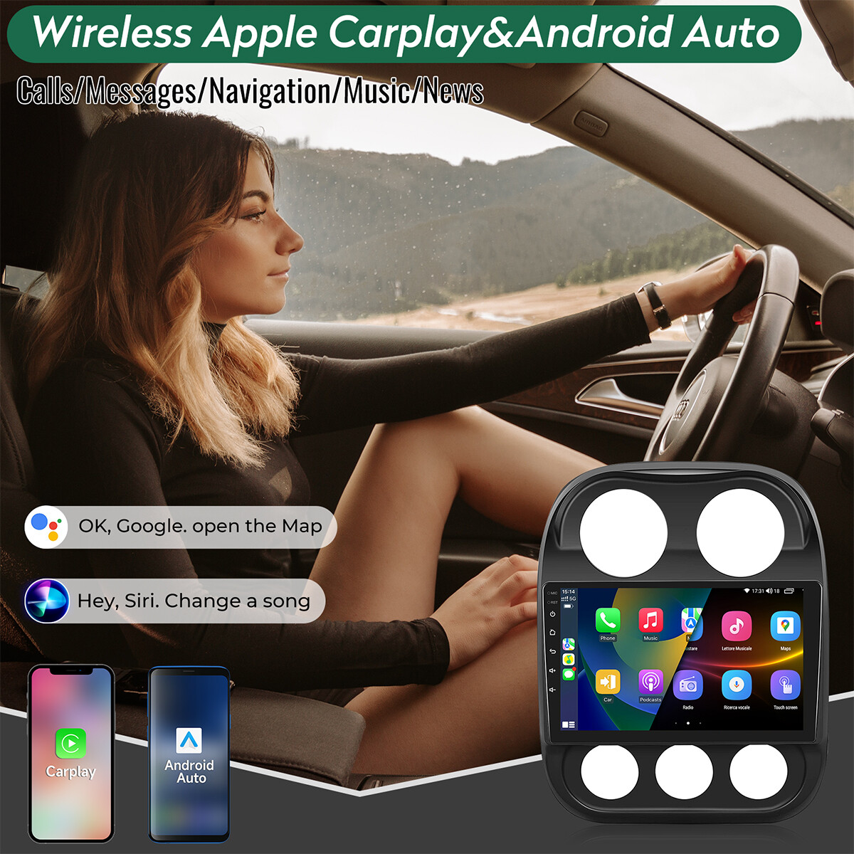 5G 4+64GB Android13 Car Stereo for Jeep Compass 2010-2016 Wireless Apple CarPlay