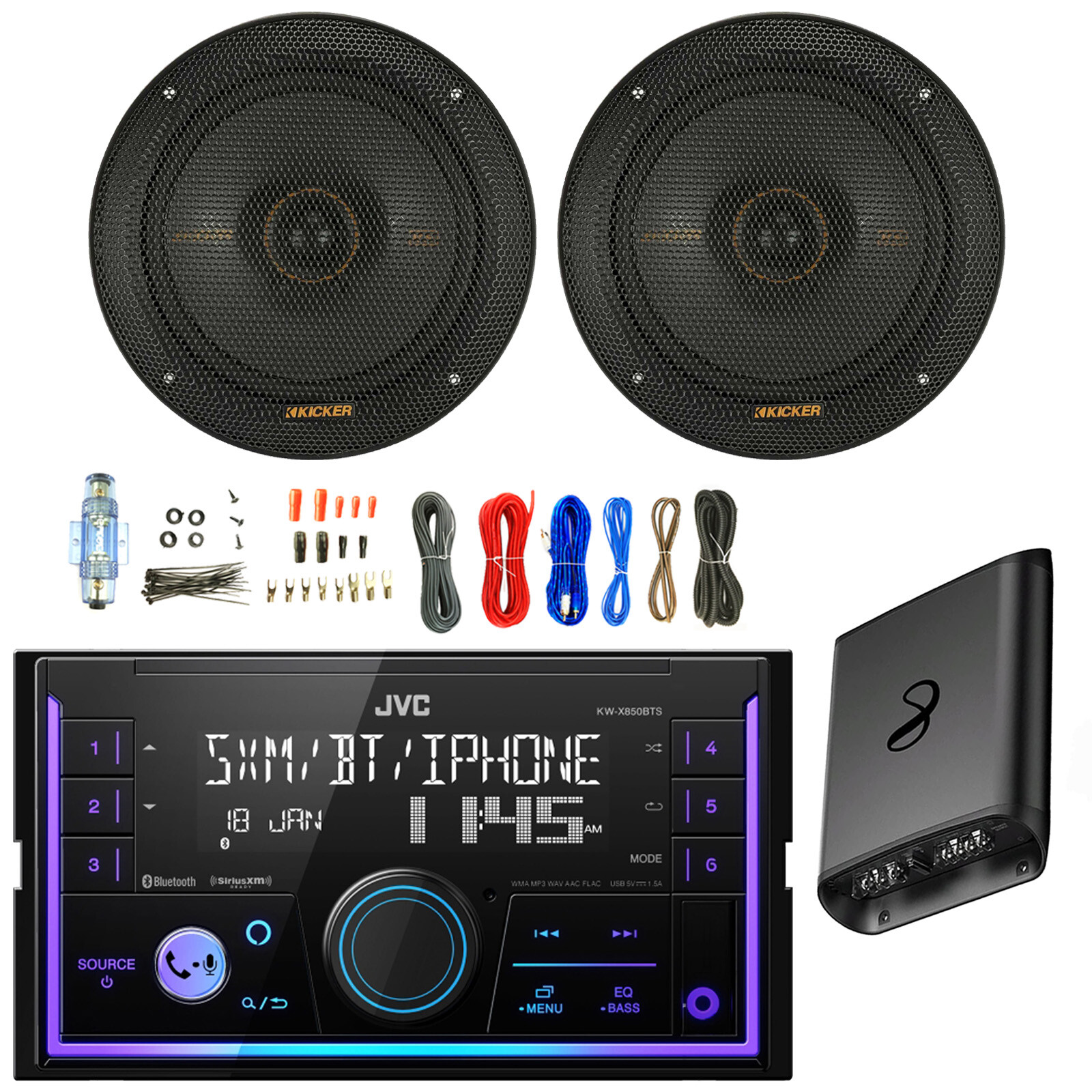 JVC Double DIN Bluetooth AM/FM Radio Receiver, 2x 6.5″ 200W Speakers, Amp w/Kit