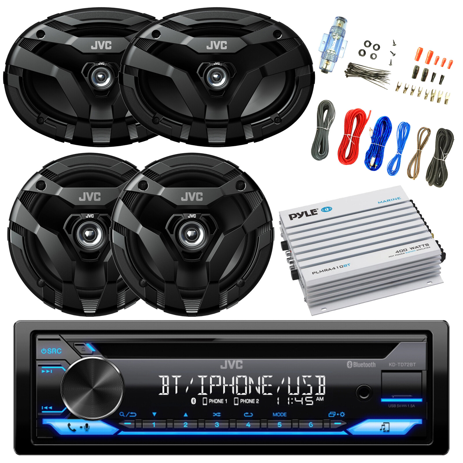 JVC KD-TD72BT 1-DIN CD Receiver, 2x 6.5″ Speakers, 2x 6×9″ Speakers, Amplifier