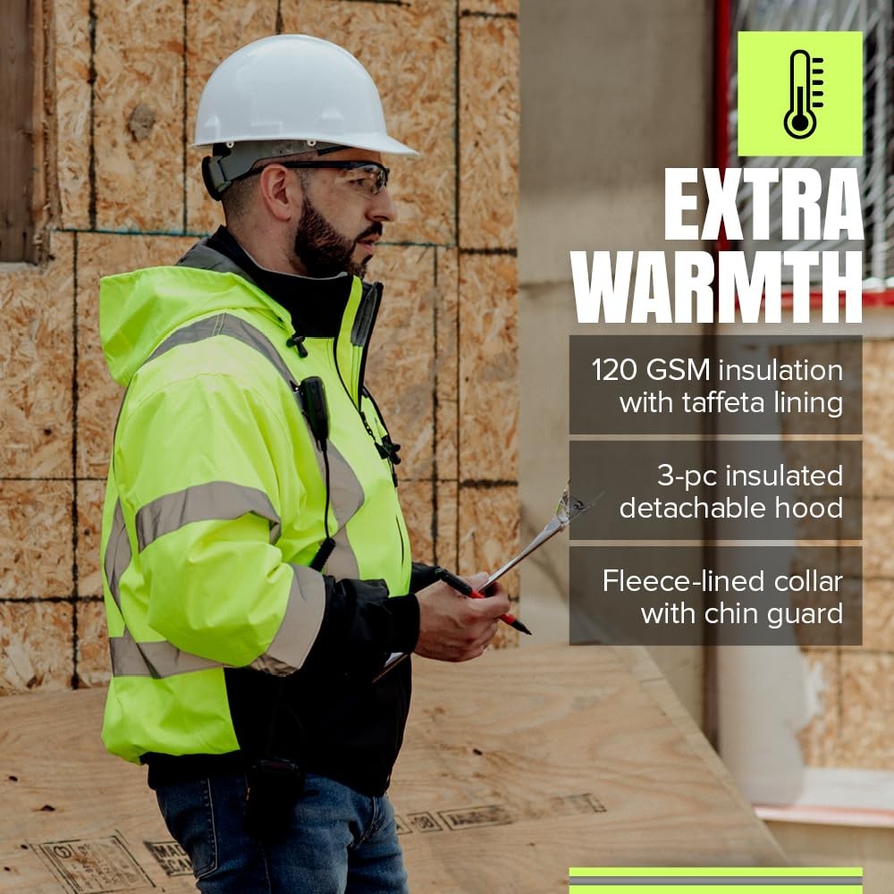 Pioneer Hi Vis Waterproof Heated Safety Bomber Jacket – Class 3 Winter Rain Gear