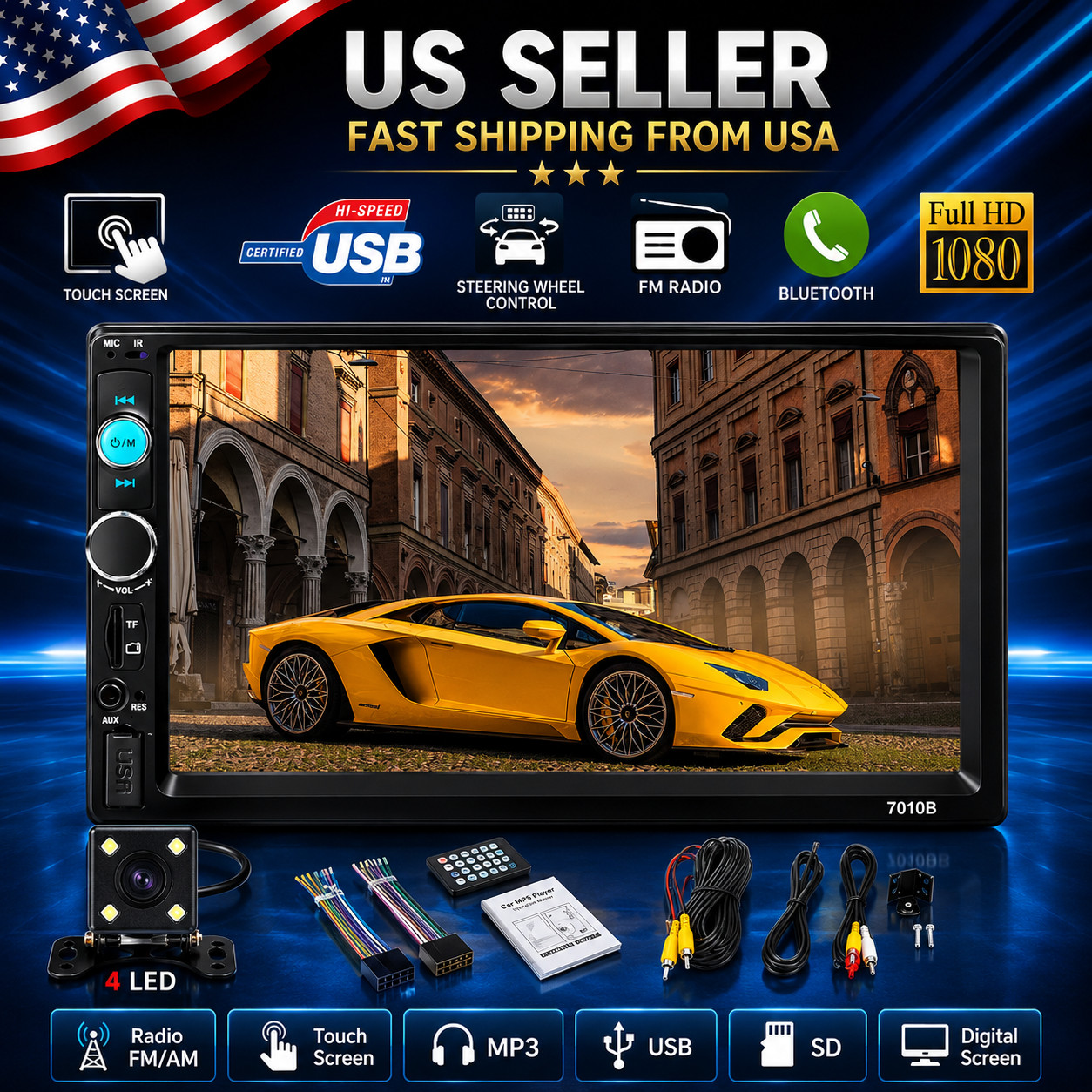 7″ Double 2 DIN Car MP5 Player Bluetooth Touch Screen Stereo Radio With Camera