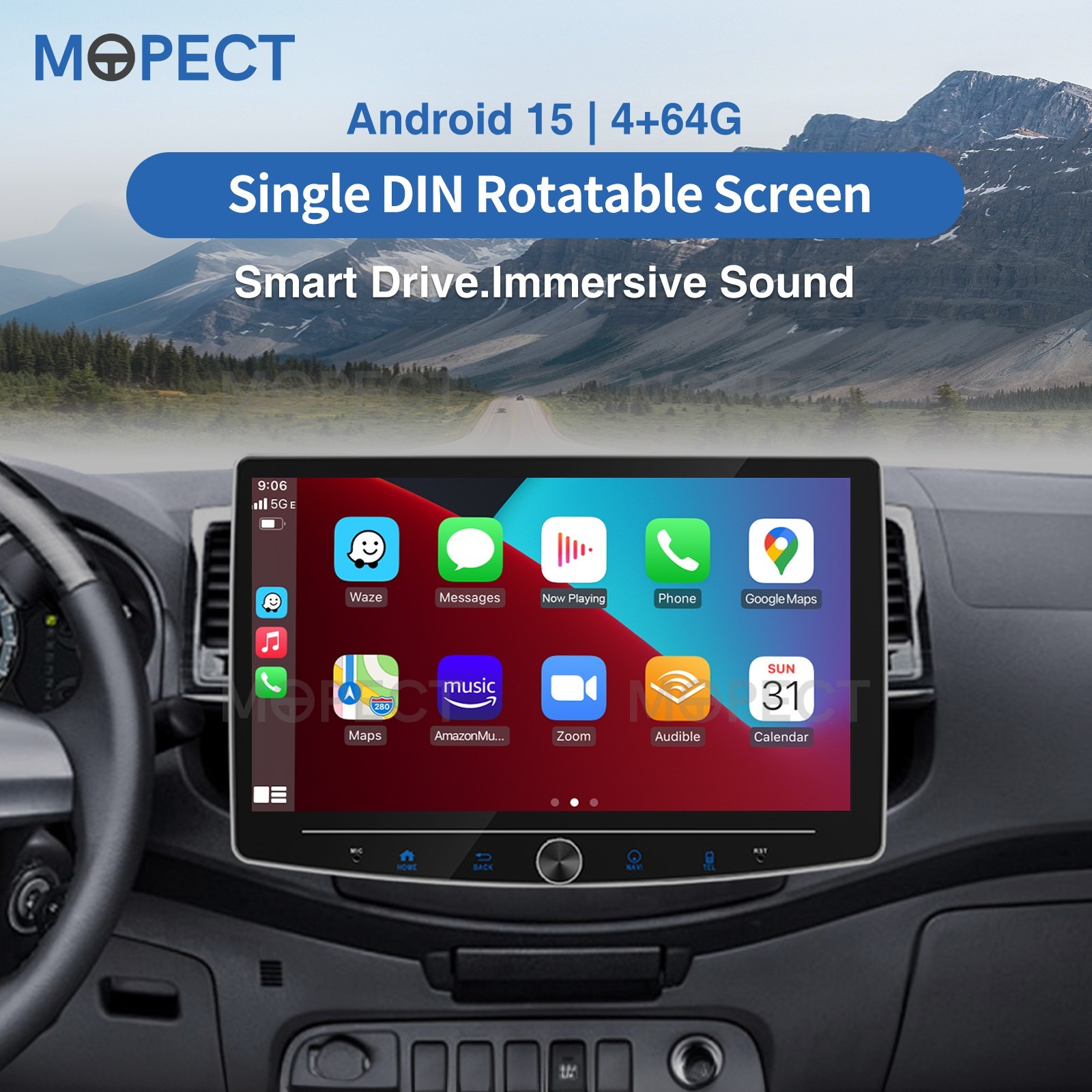 10.1″ Universal 4+64GB Car Stereo Radio 1Din Rotatable WiFi Carplay Touch Screen