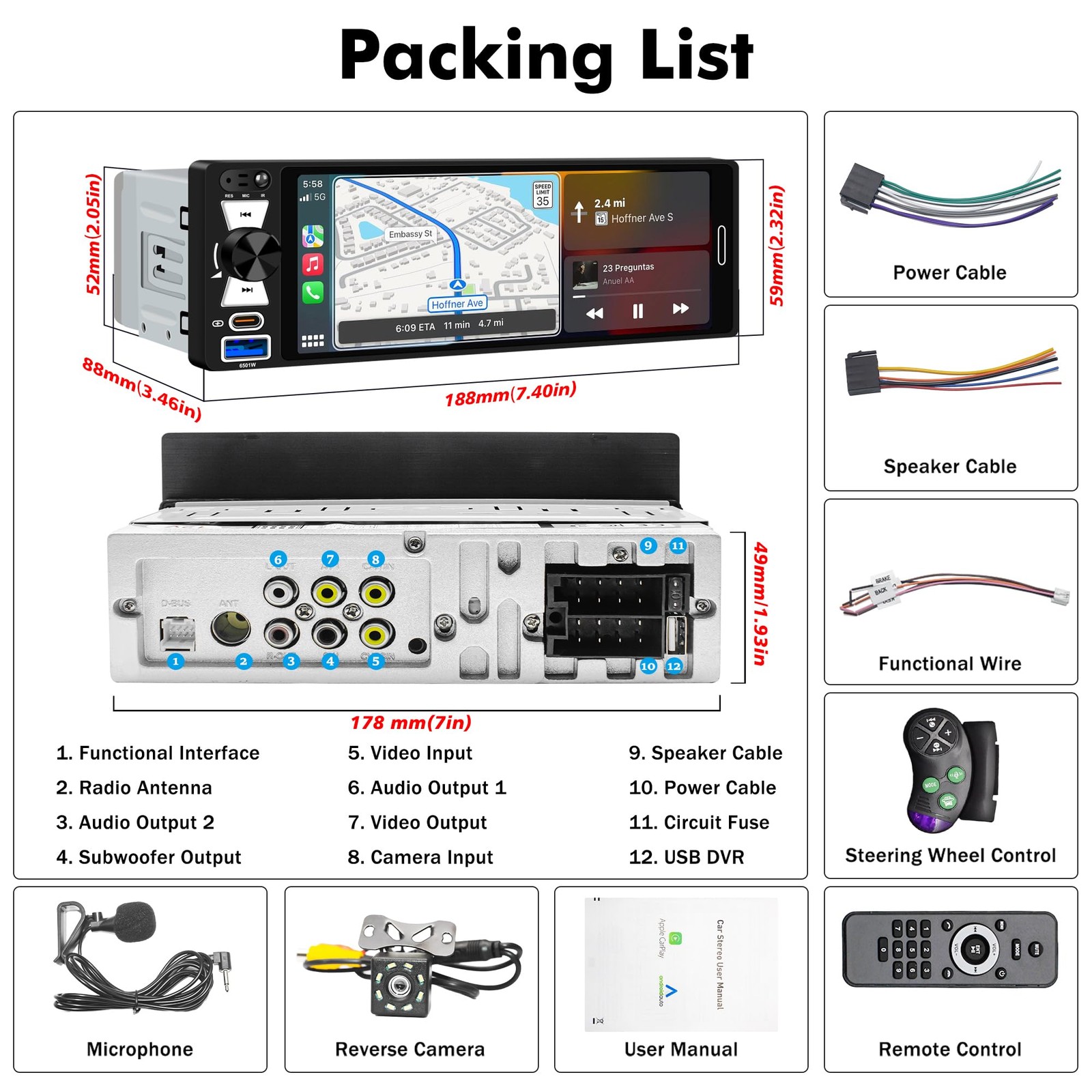 6.5″ Single Din Touchscreen Radio with Wireless Apple CarPlay & Android Auto,…