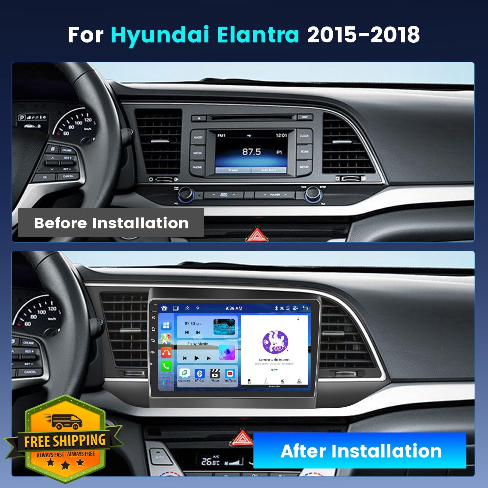 Fuluku 9” Android Car Stereo Hyundai Elantra 2015-2018 4+64GB