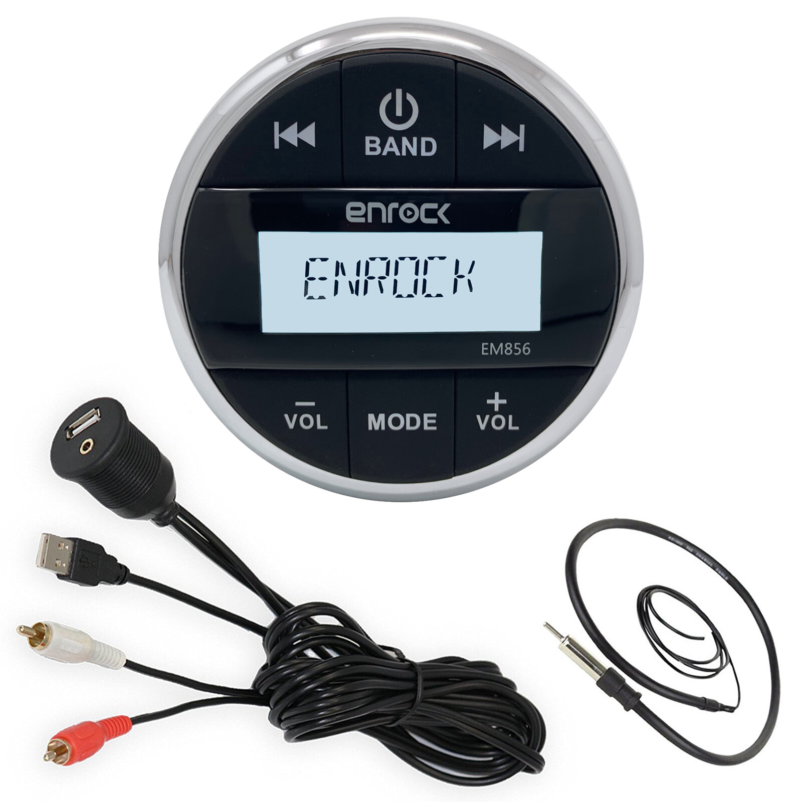 Enrock EM856 Bluetooth Marine Gauge Receiver, Enrock USBAUX Mount Cable, Antenna
