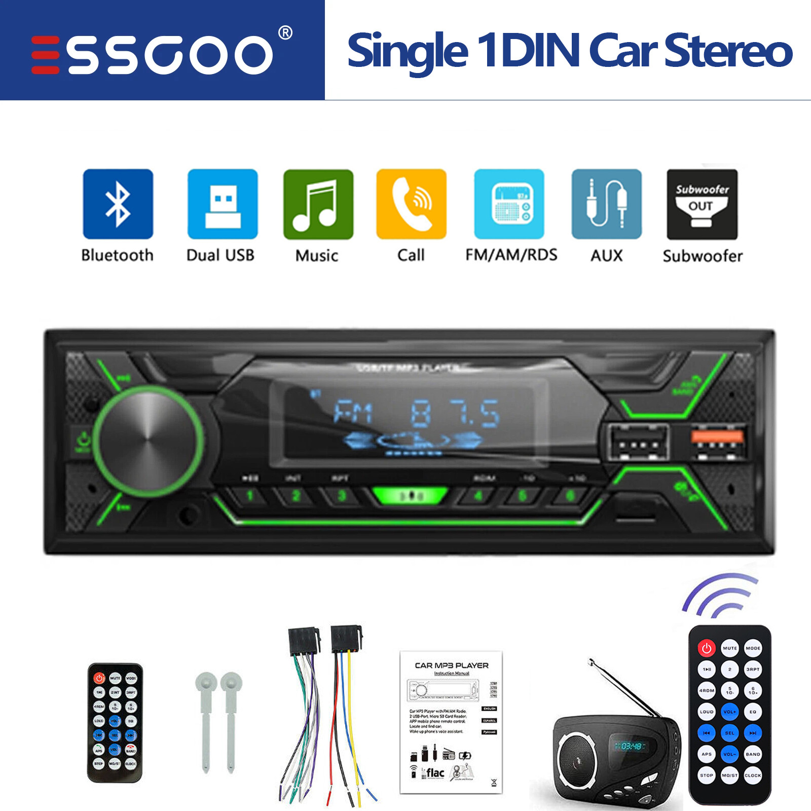 In-Dash Bluetooth Car Stereo 1DIN MP3 Player USB SD FM AUX Input for Cars Trucks