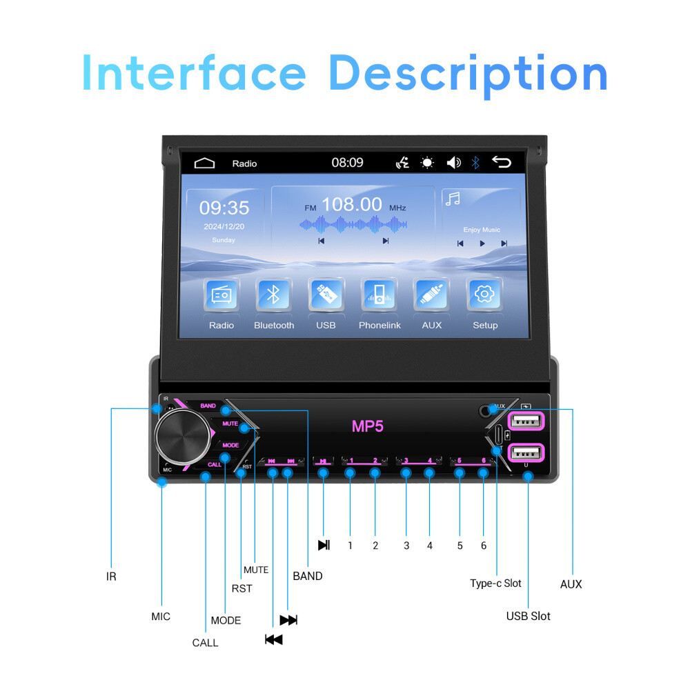 7″ Single 1 DIN Flip out Touch Screen Car Stereo Bluetooth Mirror Link FM Radio