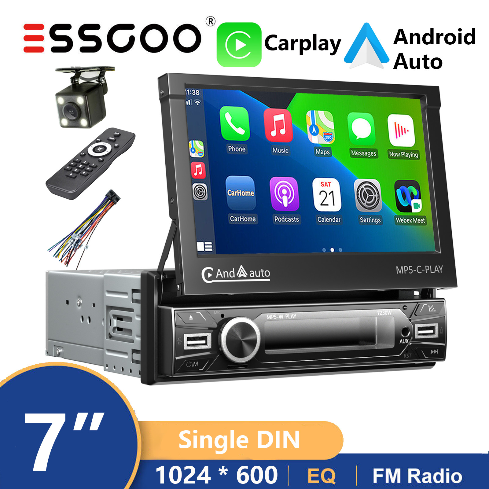 Single DIN 7″ Car Stereo Wireless Carplay Android Auto Bluetooth Head Unit +CAM