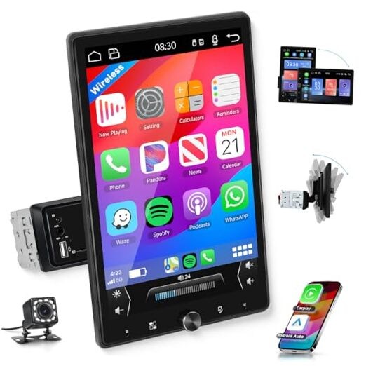 10.4“ Wireless CarPlay Stereo Single Din Car Radio,2025 Upgraded Rotatable HD