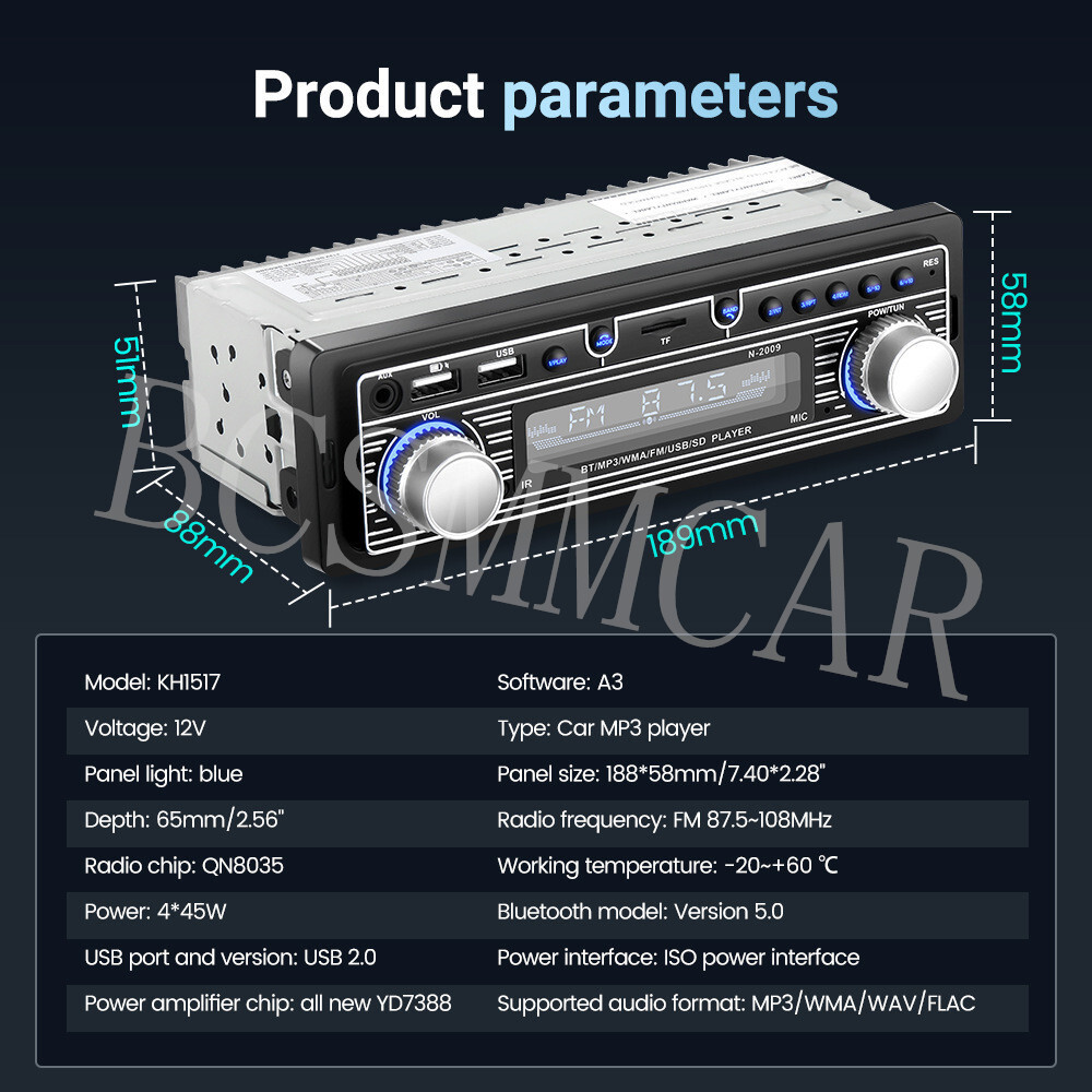 Car Stereo MP3 Player Single DIN Bluetooth Handsfree RCA FM USB AUX Audio Radio