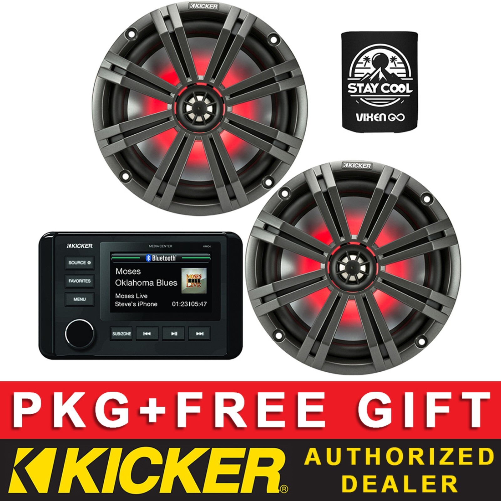 KICKER KMC4 DIGITAL MEDIA RECEIVER MARINE AUDIO PACKAGE+6.5 LED SPEAKERS 1 PAIR