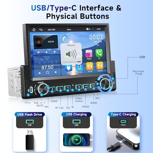 7” Single Din Car Stereo with Wireless Carplay Android Auto, Single Din