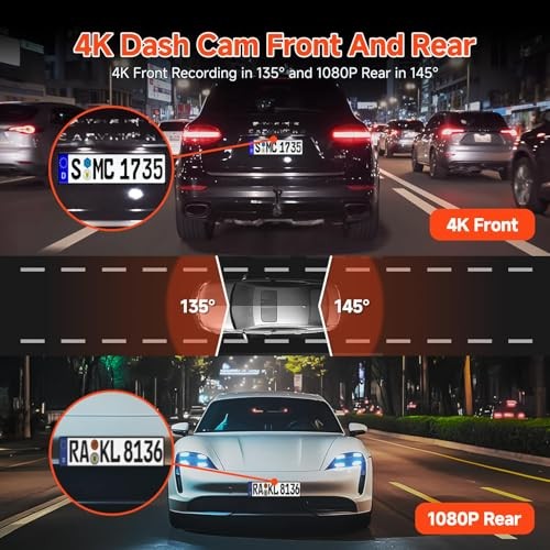 Front 4K Dash Cam 3.6″ Touch Screen Rear 1080P Loop Recorder WiFi 64GB IPS Touch