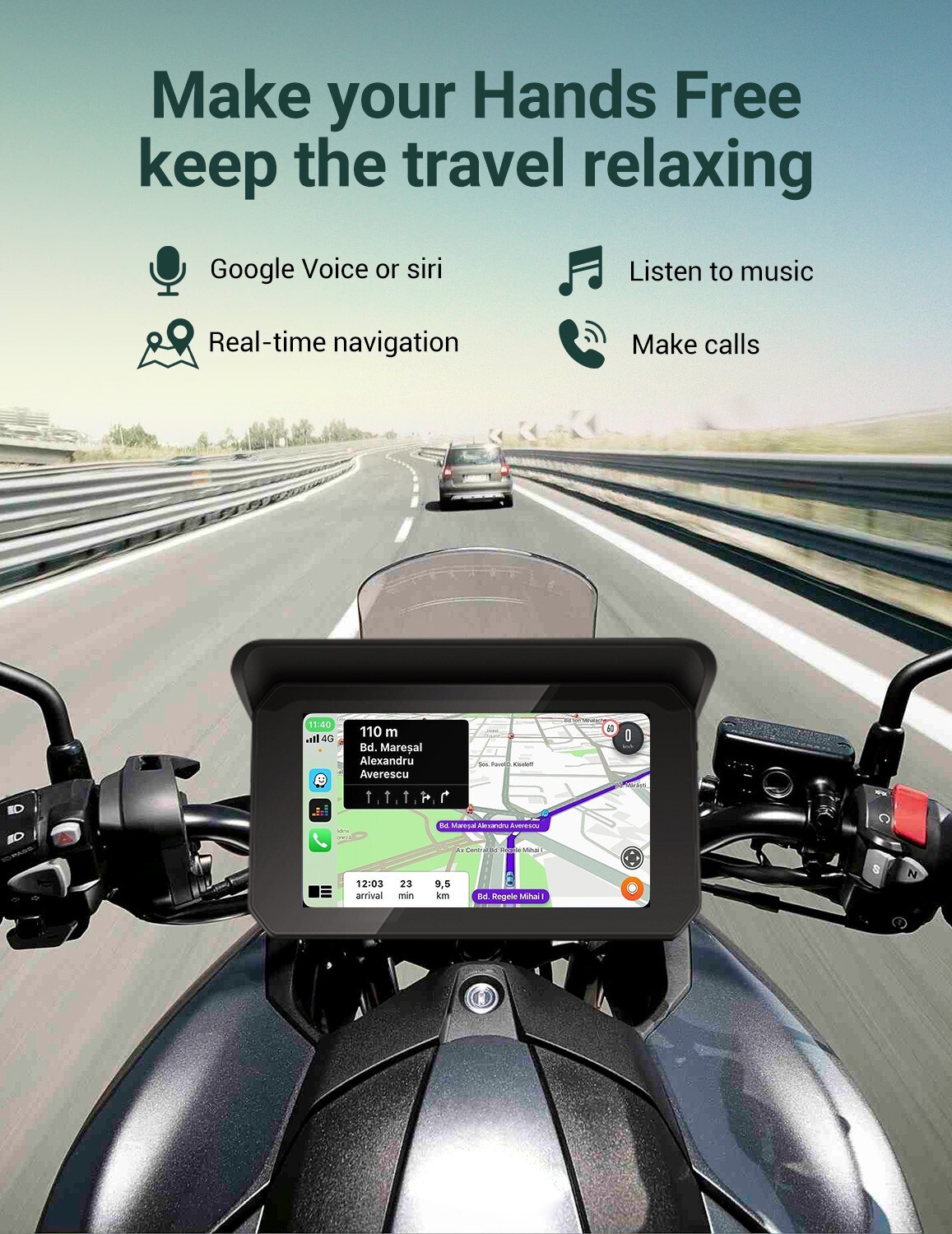 GPS Portable Motorcycle Navigator Wireless CarPlay Waterproof 5″IPS Touch Screen
