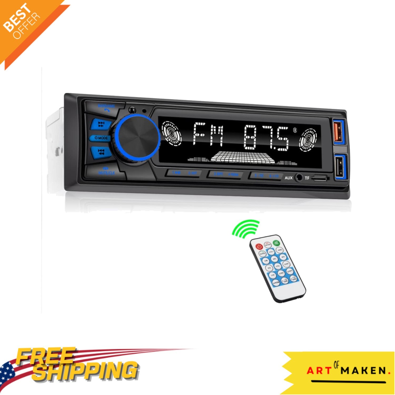 Bluetooth 5 Car Stereo with Handsfree Calls, Dual USB, FM Radio & Quick Charge