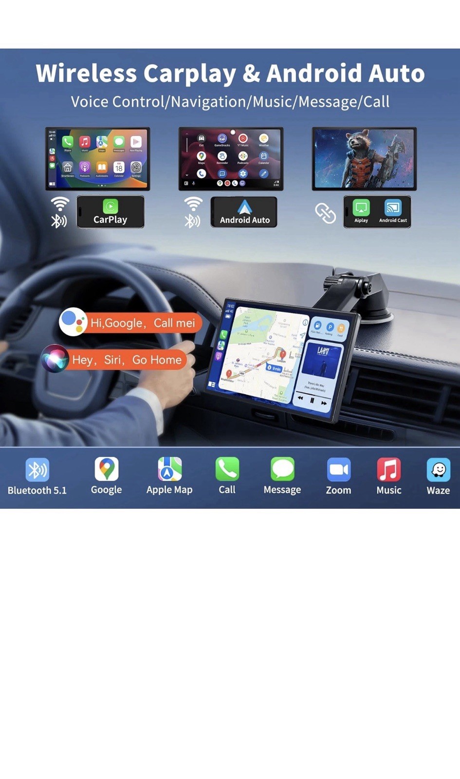 Wireless Carplay Screen with 4K Dash Cam, 9″ Portable Carplay Screen for Car wit